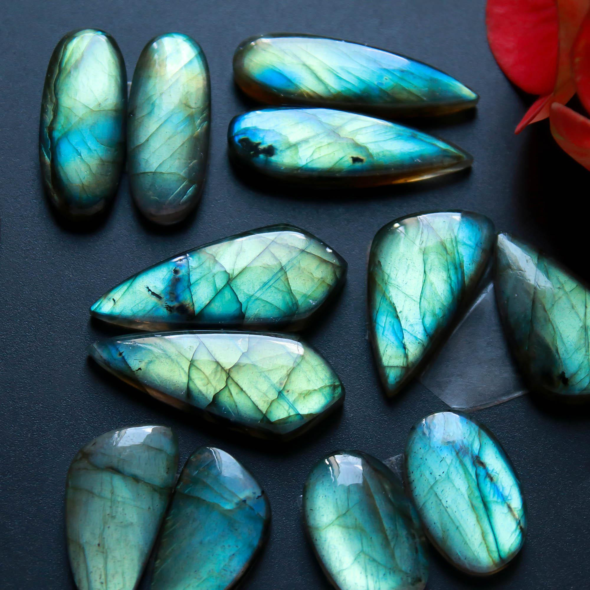 6Pairs 159Cts Natural Labradorite Gemstone Cabochon Pairs30x11 20x10mm 18496