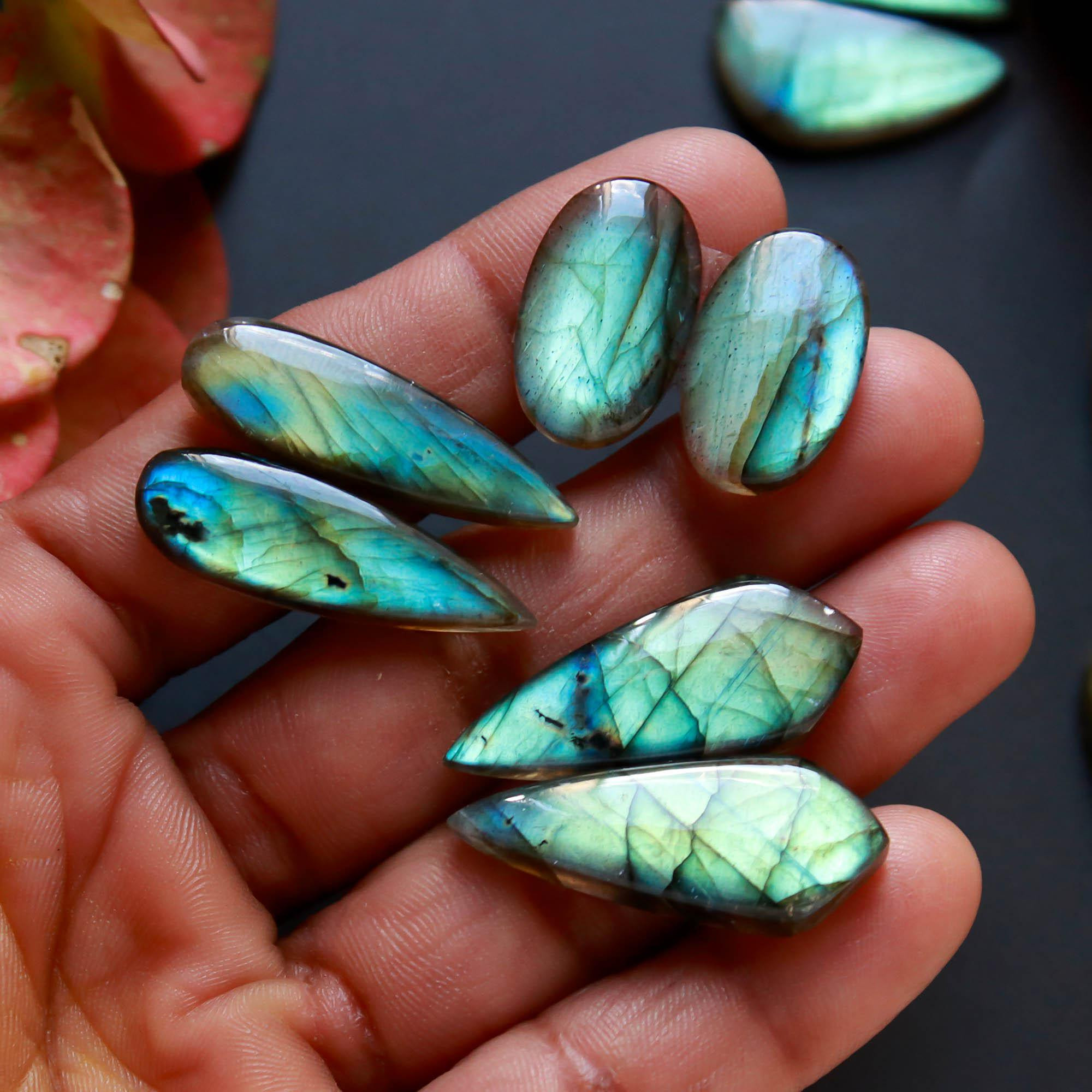 6Pairs 159Cts Natural Labradorite Gemstone Cabochon Pairs30x11 20x10mm 18496