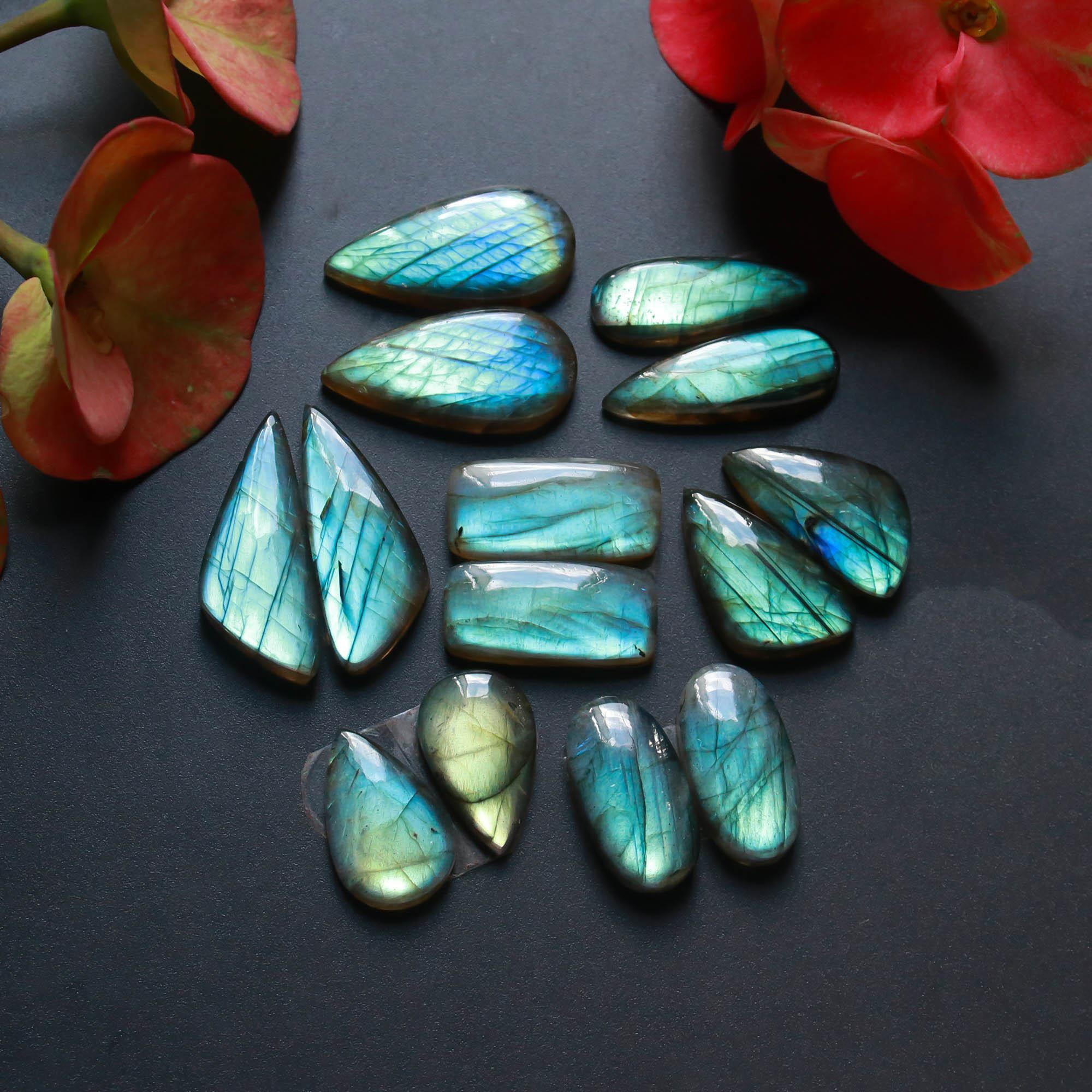 7Pairs 162Cts Natural Labradorite Gemstone Cabochon Pairs29x10 19x10mm 18499