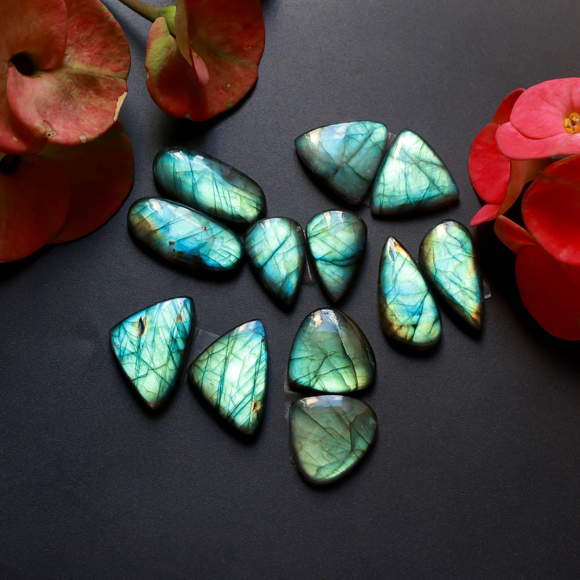 6Pairs 177Cts Natural Labradorite Gemstone Cabochon Pairs25x15 19x10mm 18504