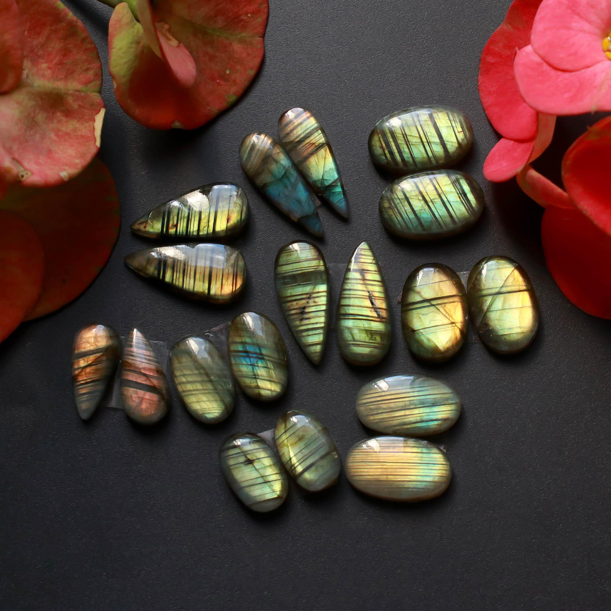9Pairs 118Cts Natural Labradorite Gemstone Cabochon Pairs Lot 20x7 12x8mm 18506