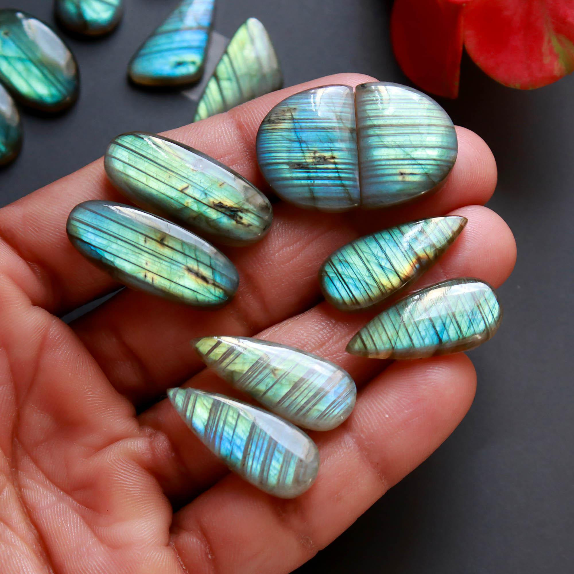 6Pairs 135Cts Natural Labradorite Gemstone Cabochon Pairs25x10 19x10mm 18516