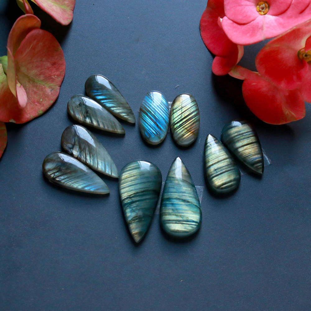 Image of 5Pairs 129Cts Natural Labradorite Gemstone Cabochon Pairs30x15 19x10mm #18522