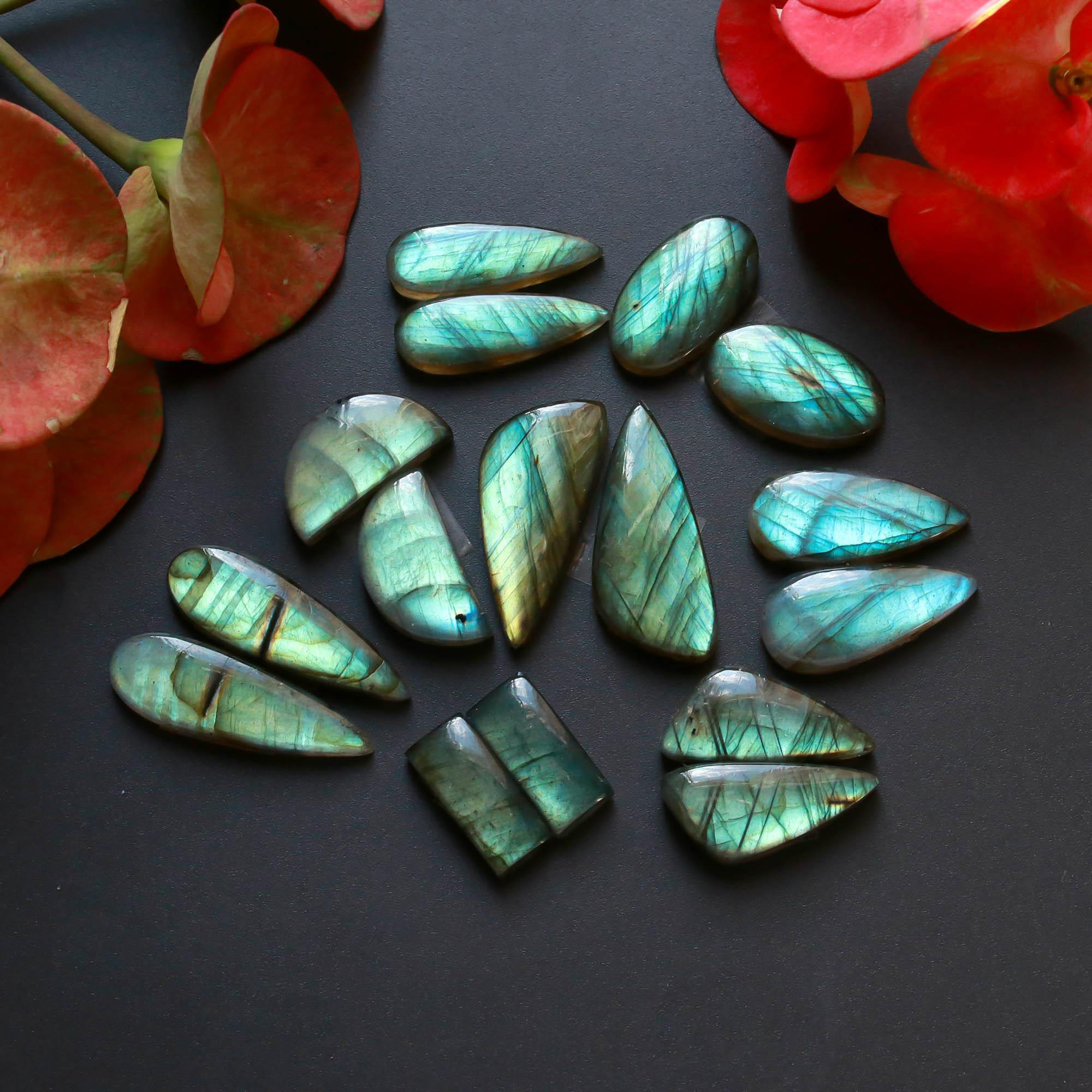 8Pairs 168Cts Natural Labradorite Gemstone Cabochon Pairs Lot 30x10 15x5mm 18525