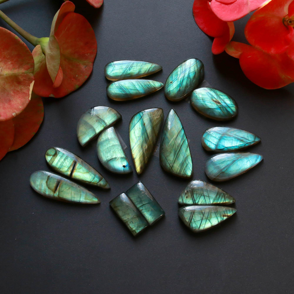 Image of 8Pairs 168Cts Natural Labradorite Gemstone Cabochon Pairs Lot 30x10 15x5mm #18525