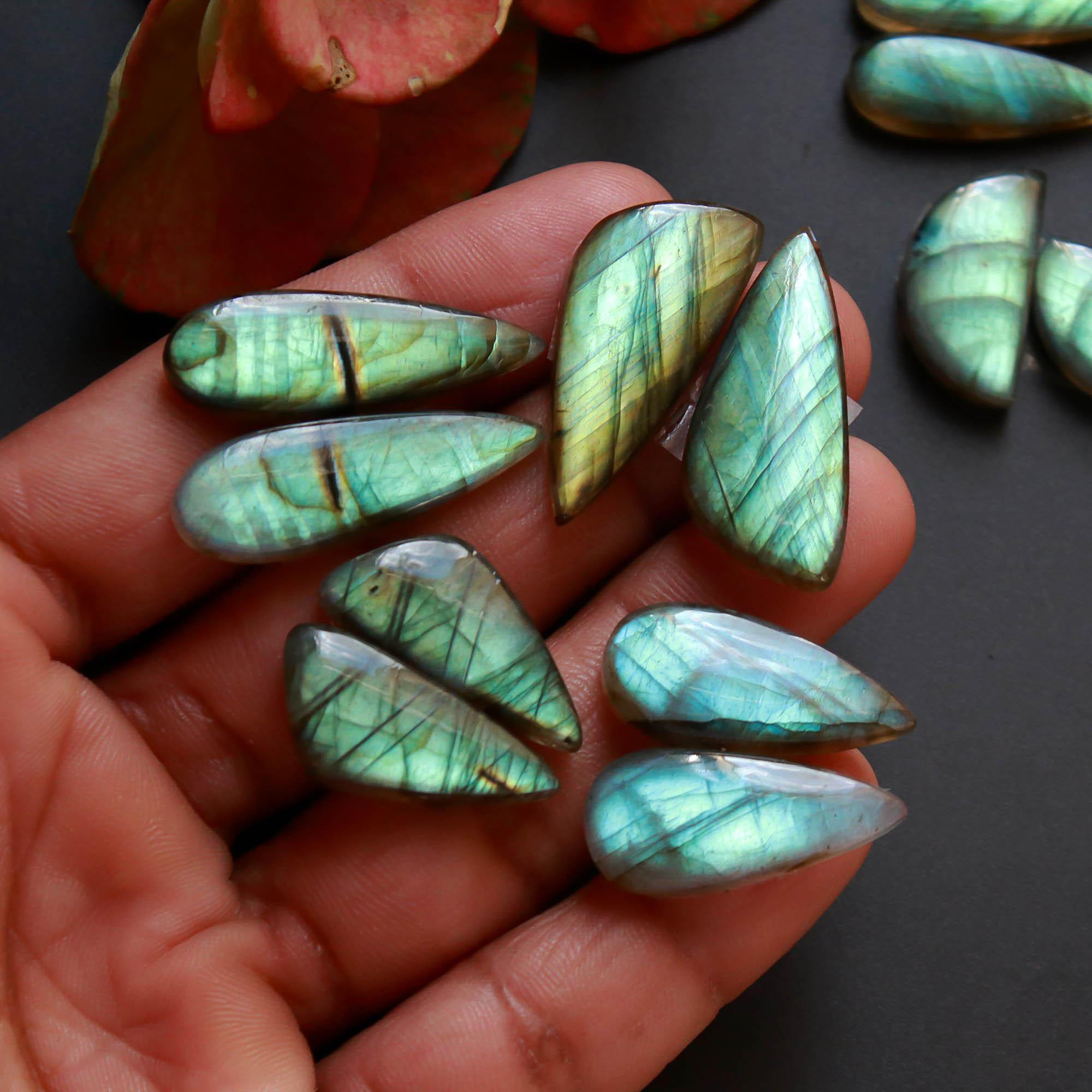8Pairs 168Cts Natural Labradorite Gemstone Cabochon Pairs Lot 30x10 15x5mm 18525