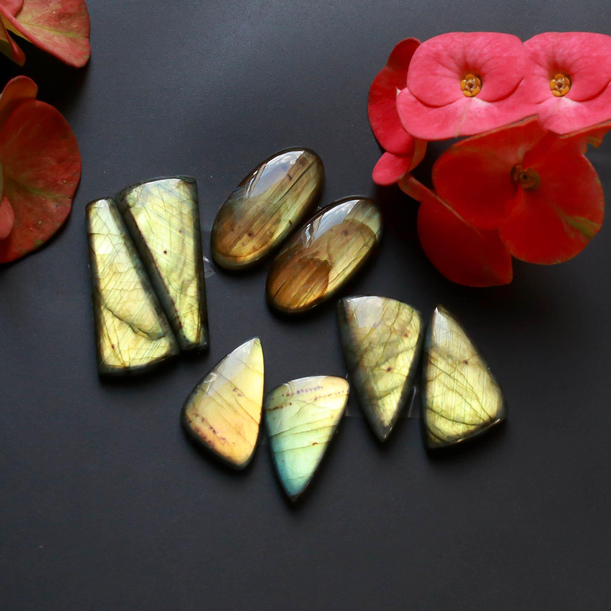 4Pairs 233Cts Natural Labradorite Gemstone Cabochon Pairs39x15 27x15mm 18529