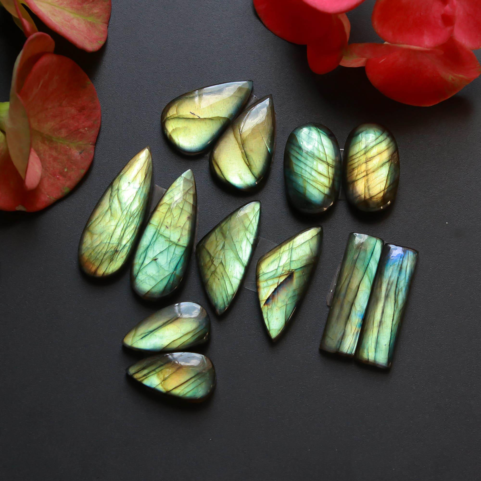 6Pairs 150Cts Natural Labradorite Gemstone Cabochon Pairs30x10 20x10mm 18531