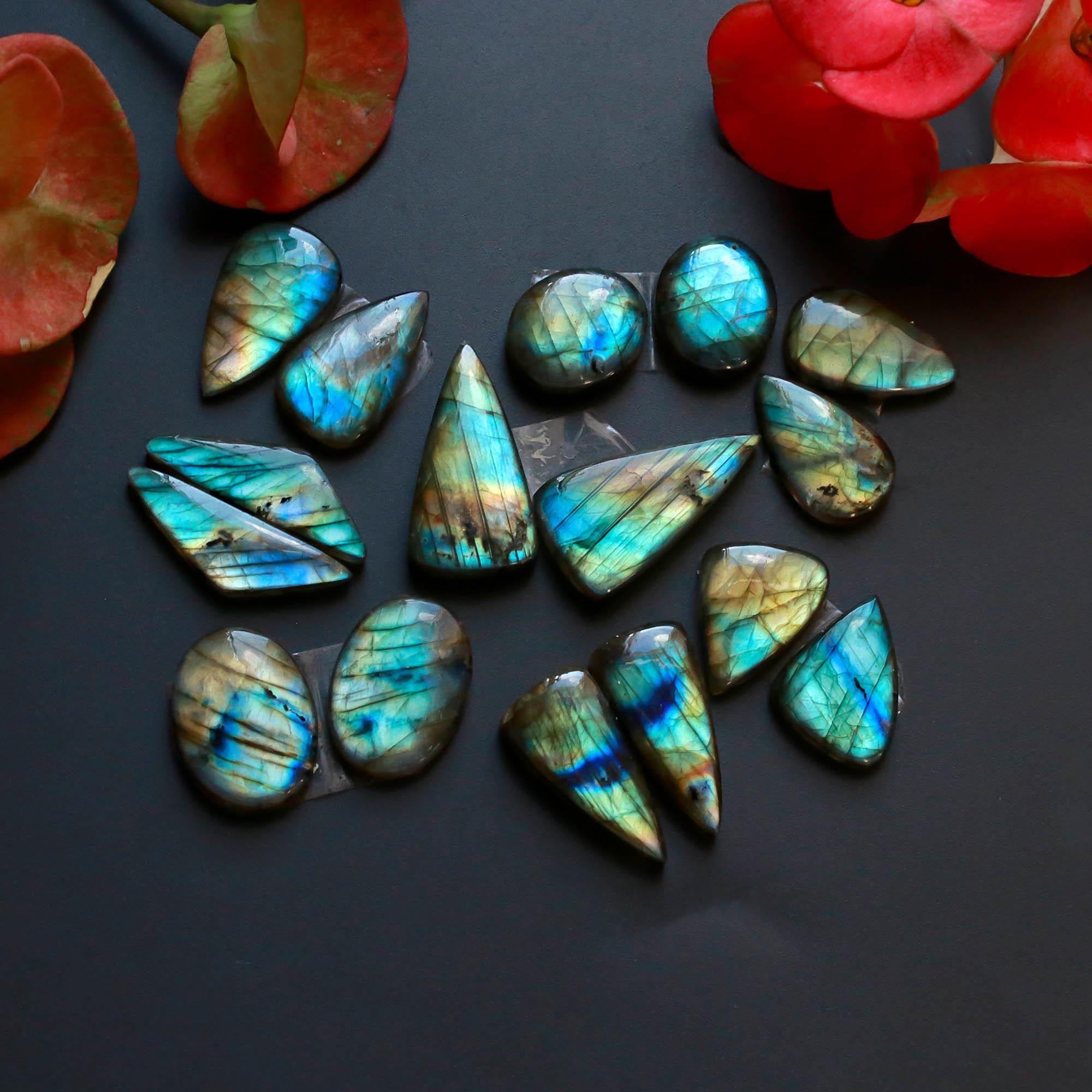 8Pairs 208Cts Natural Labradorite Gemstone Cabochon Pairs26x14 15x13mm 18534