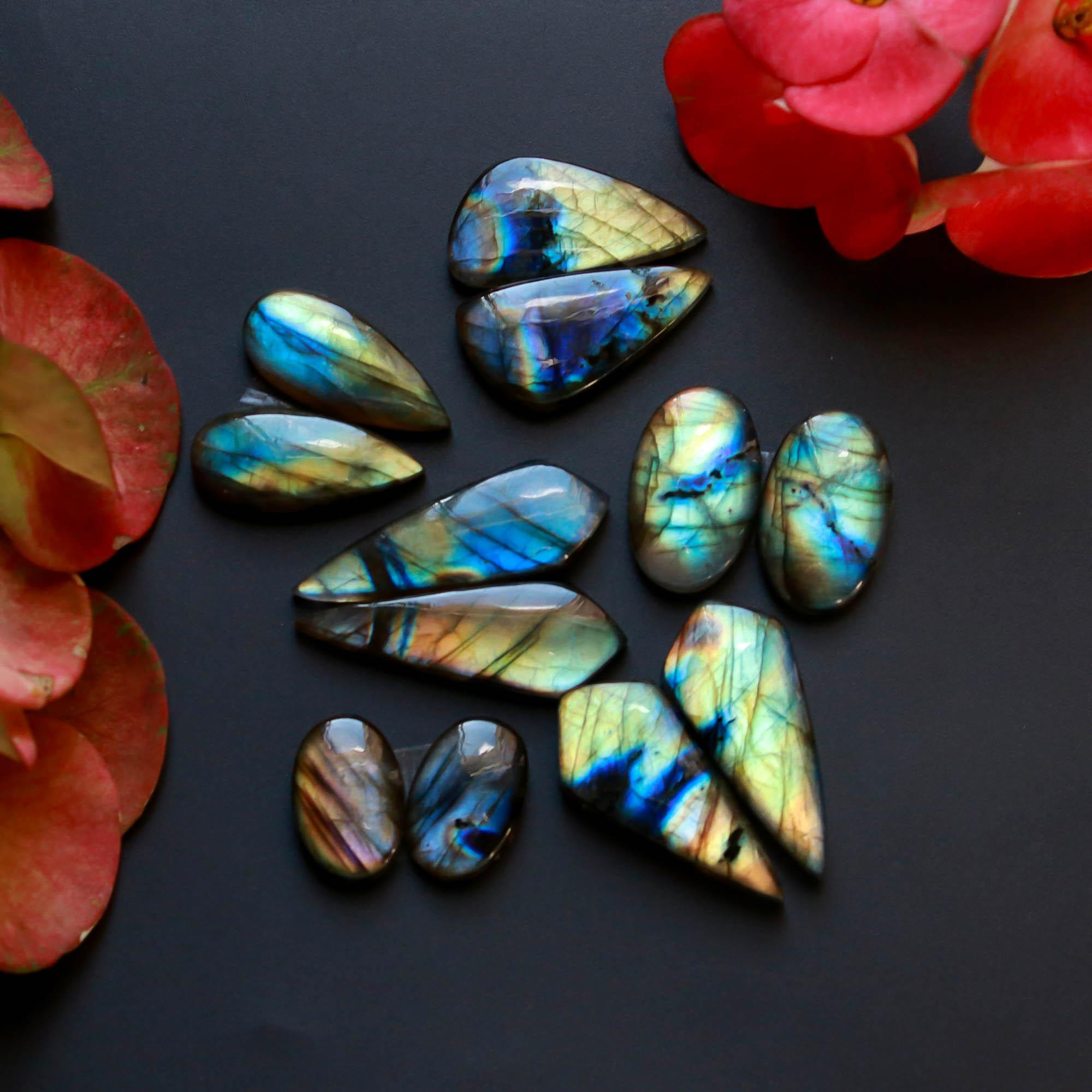 6Pairs 169Cts Natural Labradorite Gemstone Cabochon Pairs35x10 15x10mm 18535