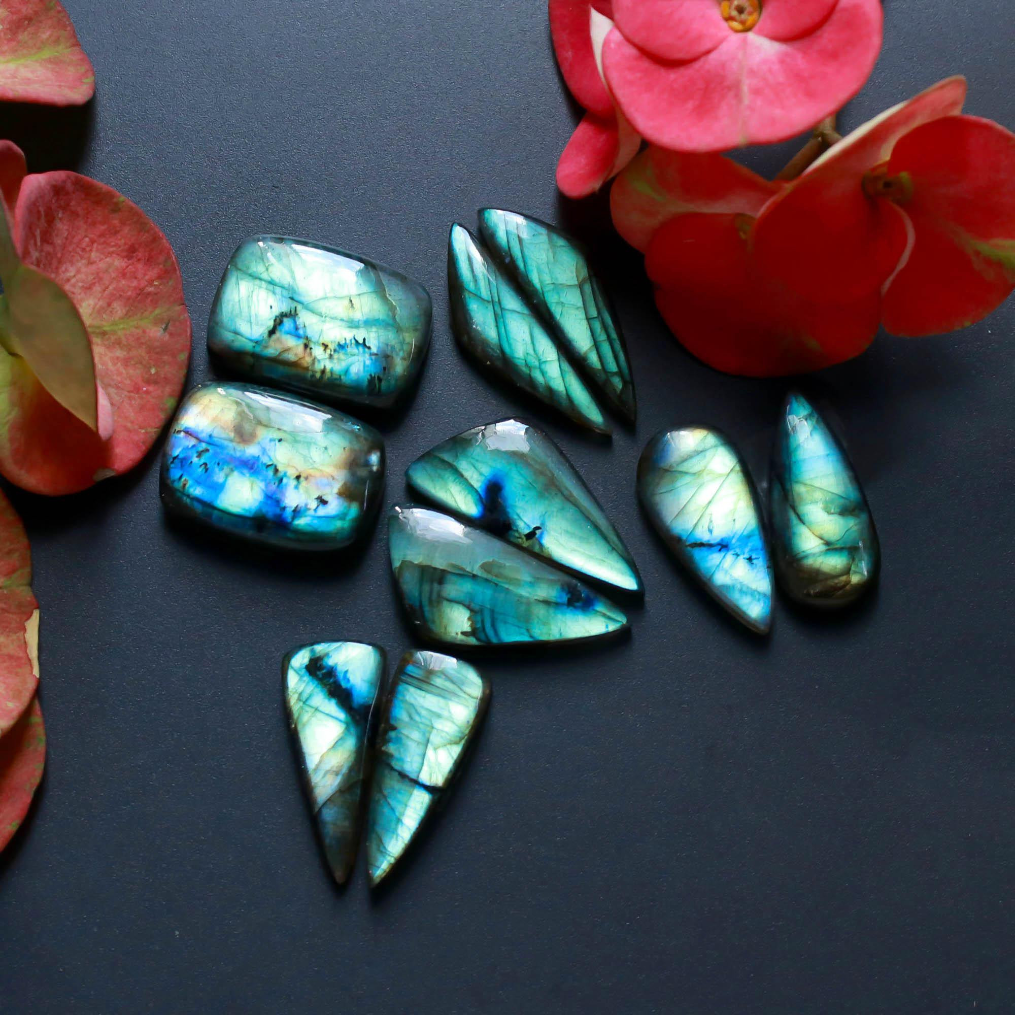 6Pairs 171Cts Natural Labradorite Gemstone Cabochon Pairs30x11 25x10mm 18539