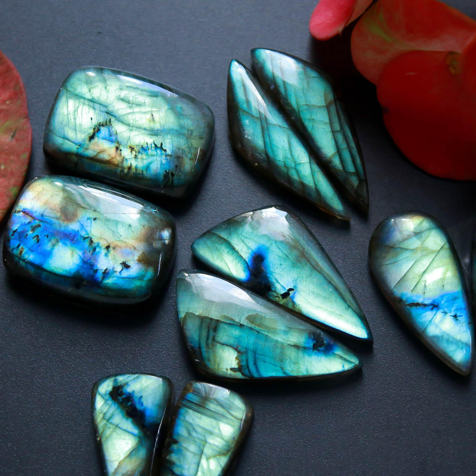 6Pairs 171Cts Natural Labradorite Gemstone Cabochon Pairs30x11 25x10mm 18539