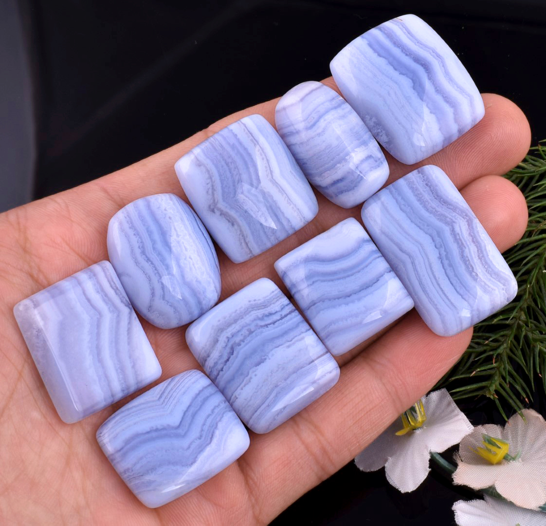 9Pcs 293CTS Natural Blue Lace Agate Mix Shape Loose Gemstone Wholesale Lot Size 31x20 22x18mm