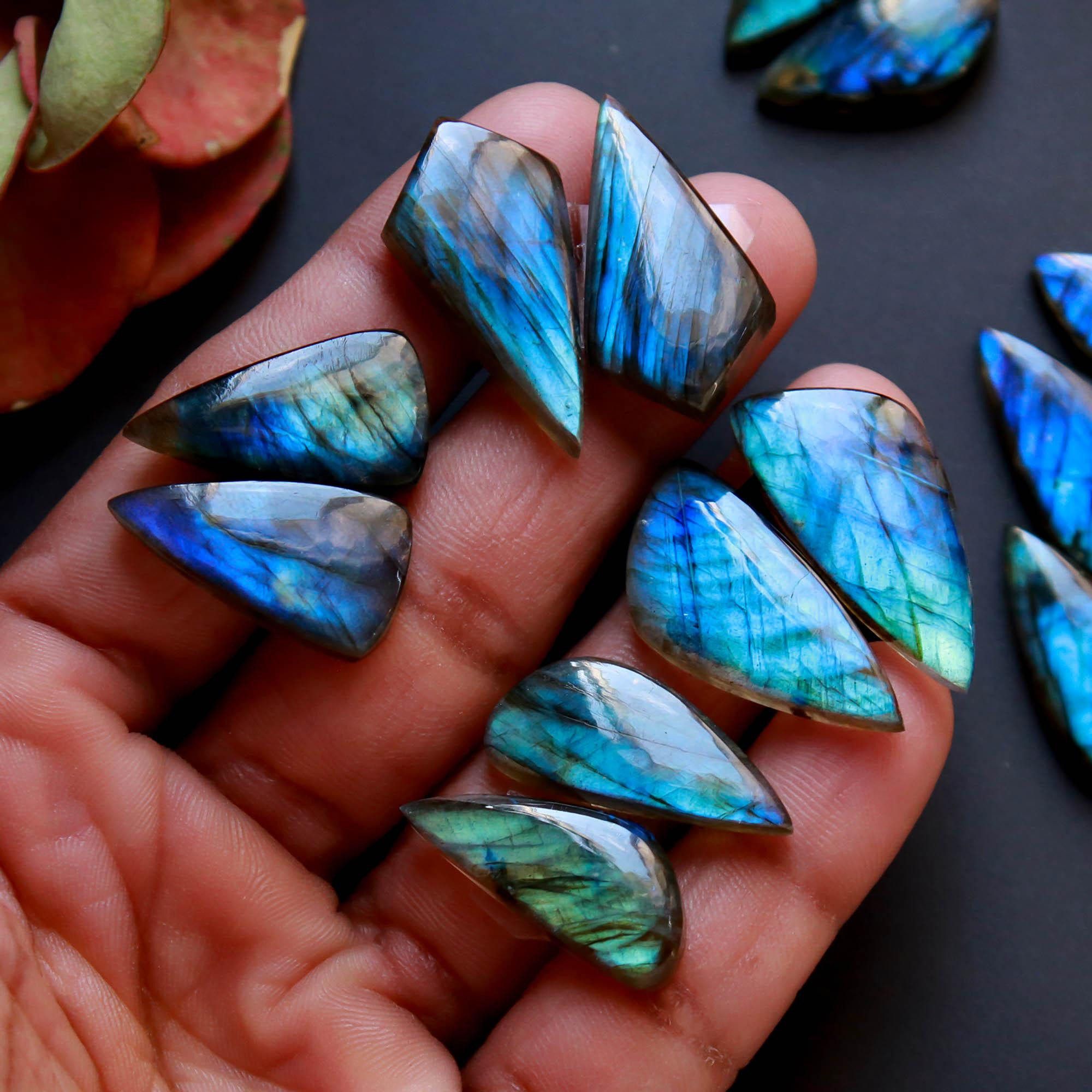 8Pairs 199Cts Natural Labradorite Gemstone Cabochon Pairs29x11 20x10mm 18545