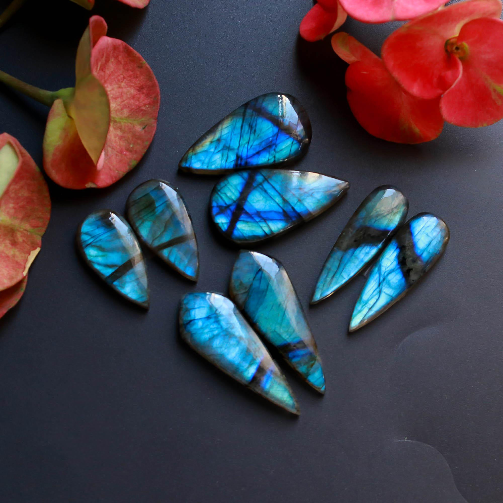 4Pairs 146Cts Natural Labradorite Gemstone Cabochon Pairs35x12 25x11mm 18546