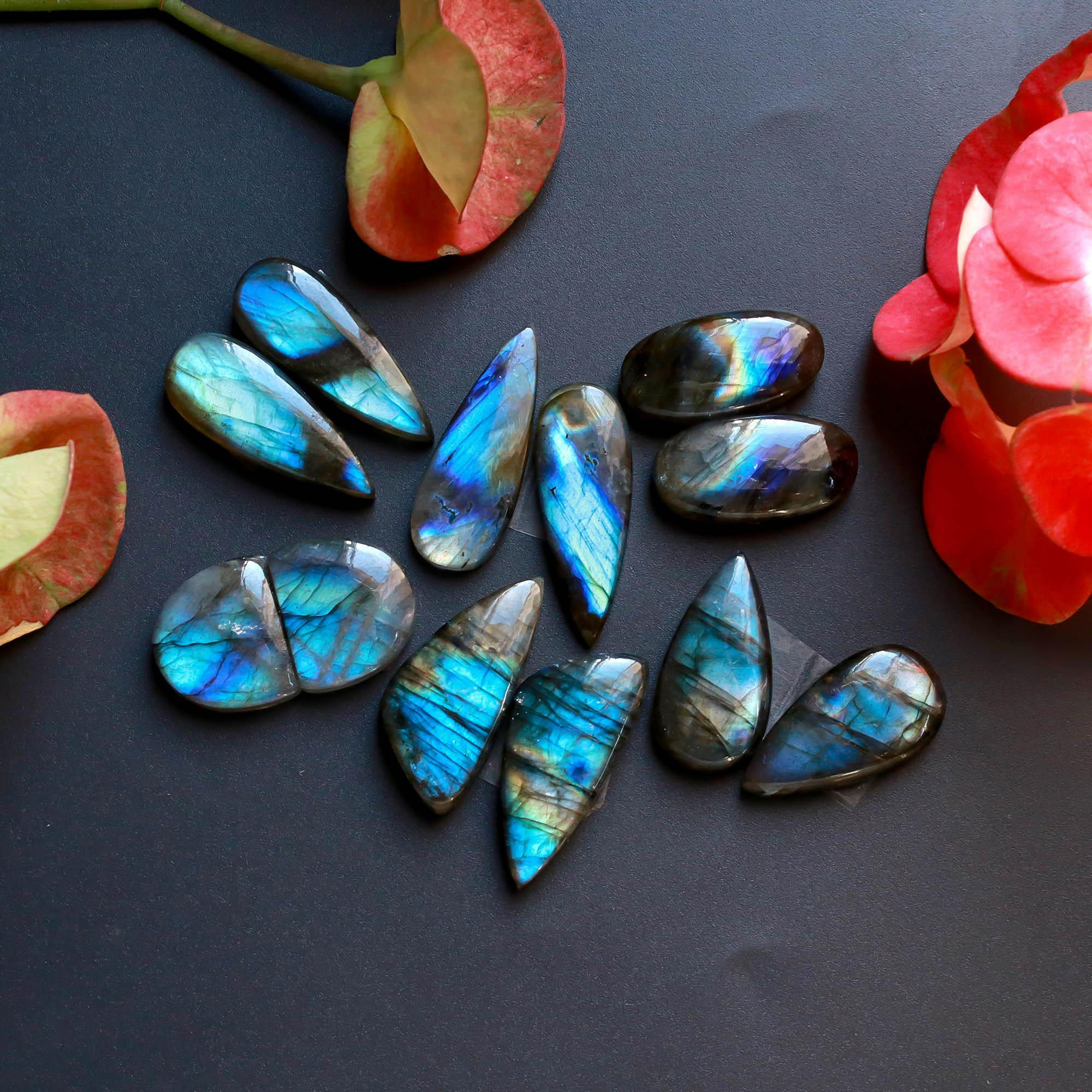 6Pairs 174Cts Natural Labradorite Gemstone Cabochon Pairs30x10 15x14mm 18551