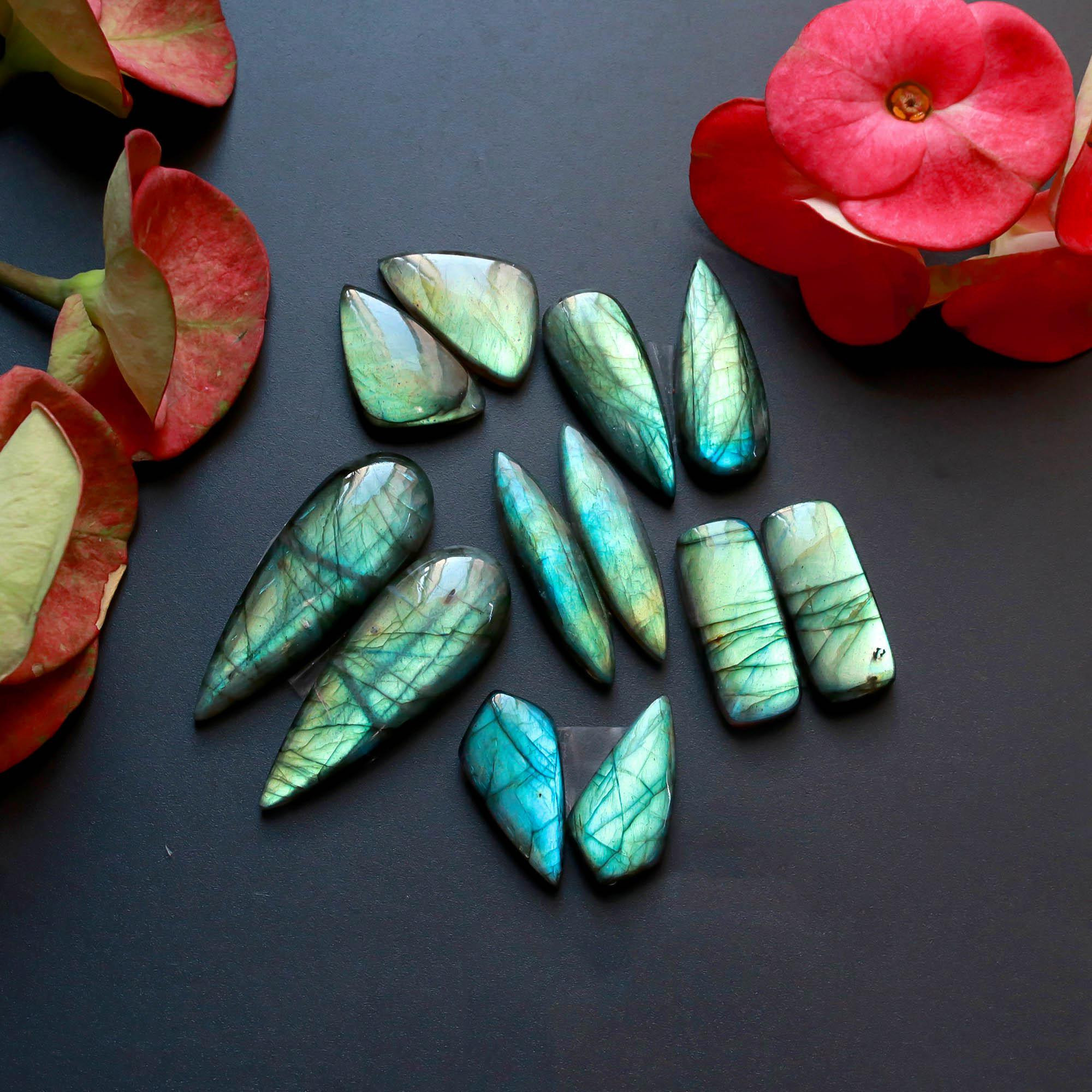 6Pairs 177Cts Natural Labradorite Gemstone Cabochon Pairs40x13 20x12mm 18552
