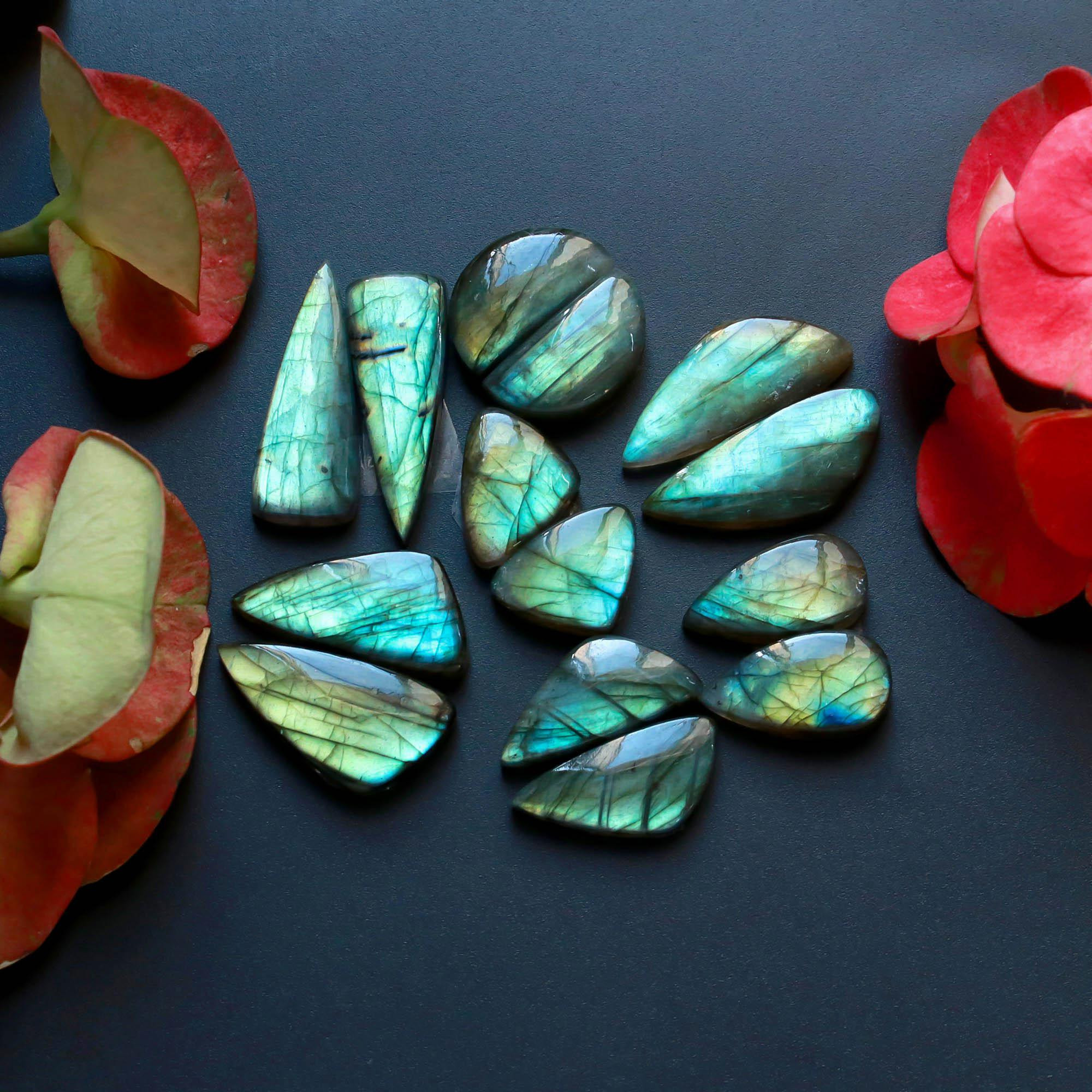 7Pairs 163Cts Natural Labradorite Gemstone Cabochon Pairs30x10 15x10mm 18557