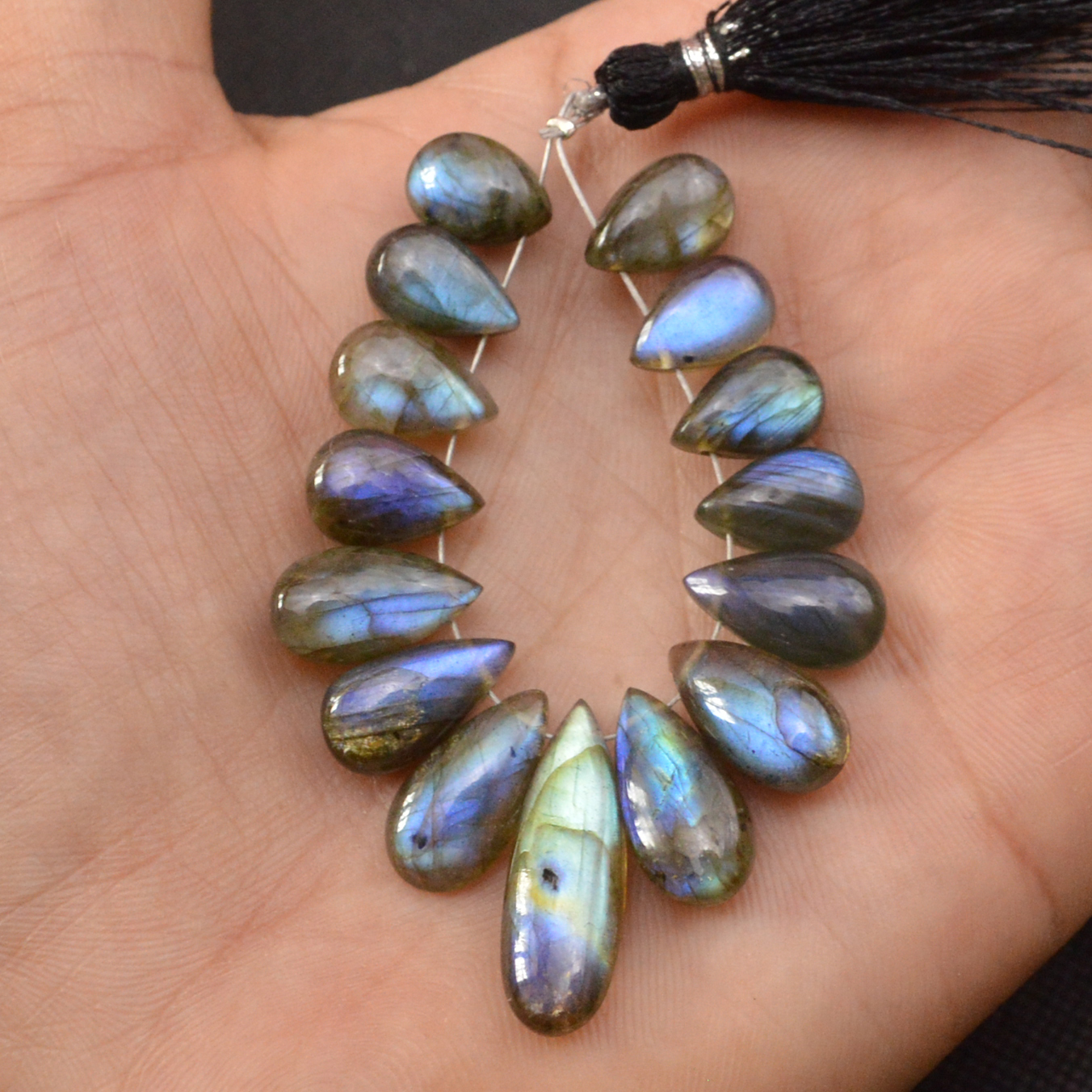 15 Pcs 86 Cts Natural Labradorite Side Drill Tear Drop Briolette Healing Crystal 25x6 10x6mm 18599