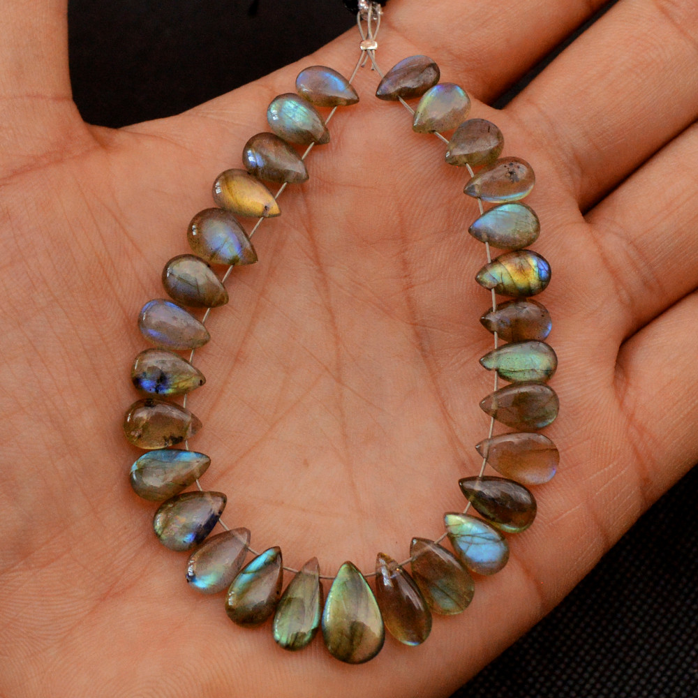 Image of 29 Pcs 58 Cts Natural Labradorite Drop Beads, Side Drilled Briolette Gemstone 11x6 8x4mm #18653
