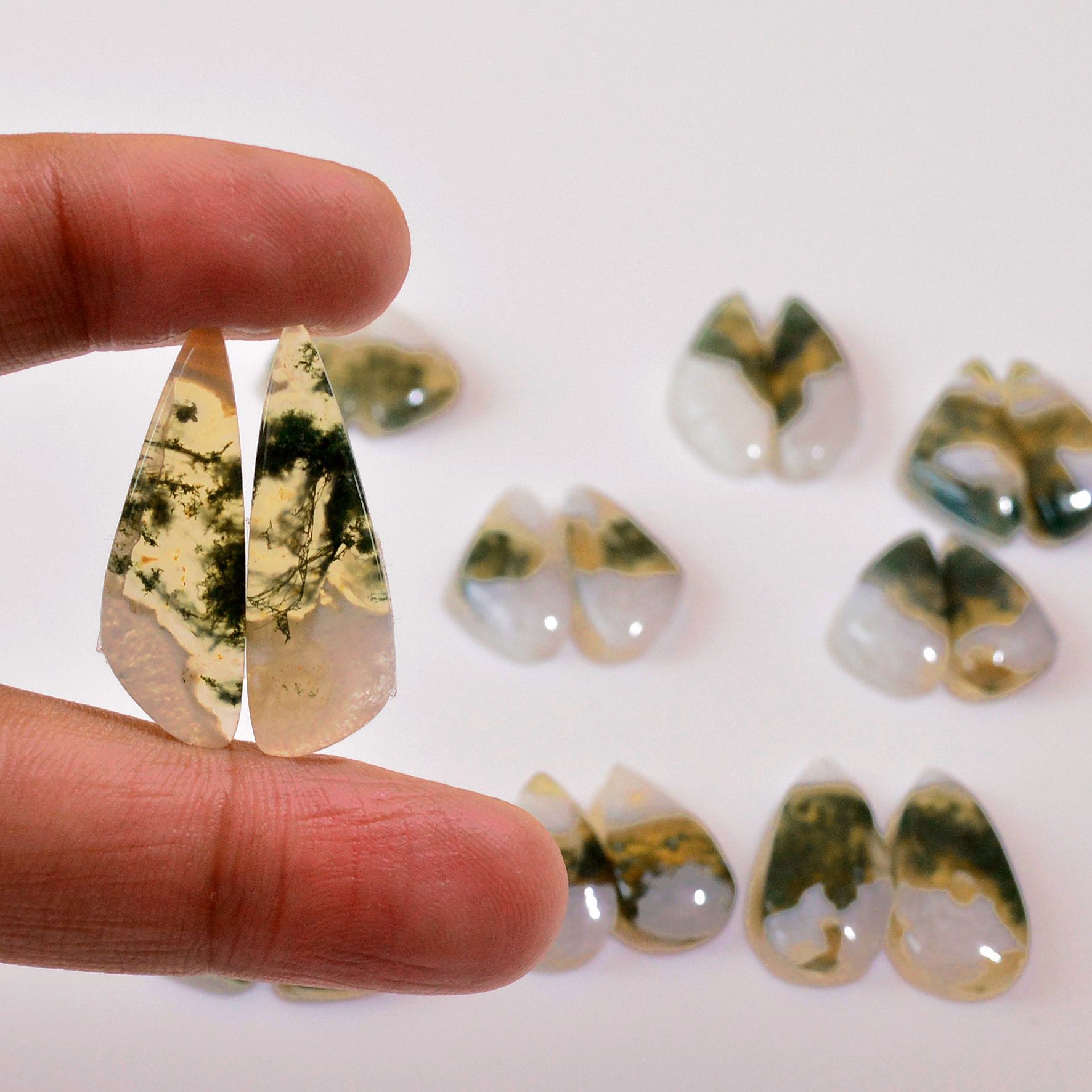 9 Pairs 150 Cts Natural Moss Agate Cabochon  Earrings Pairs 29x18 18x8mm 18710