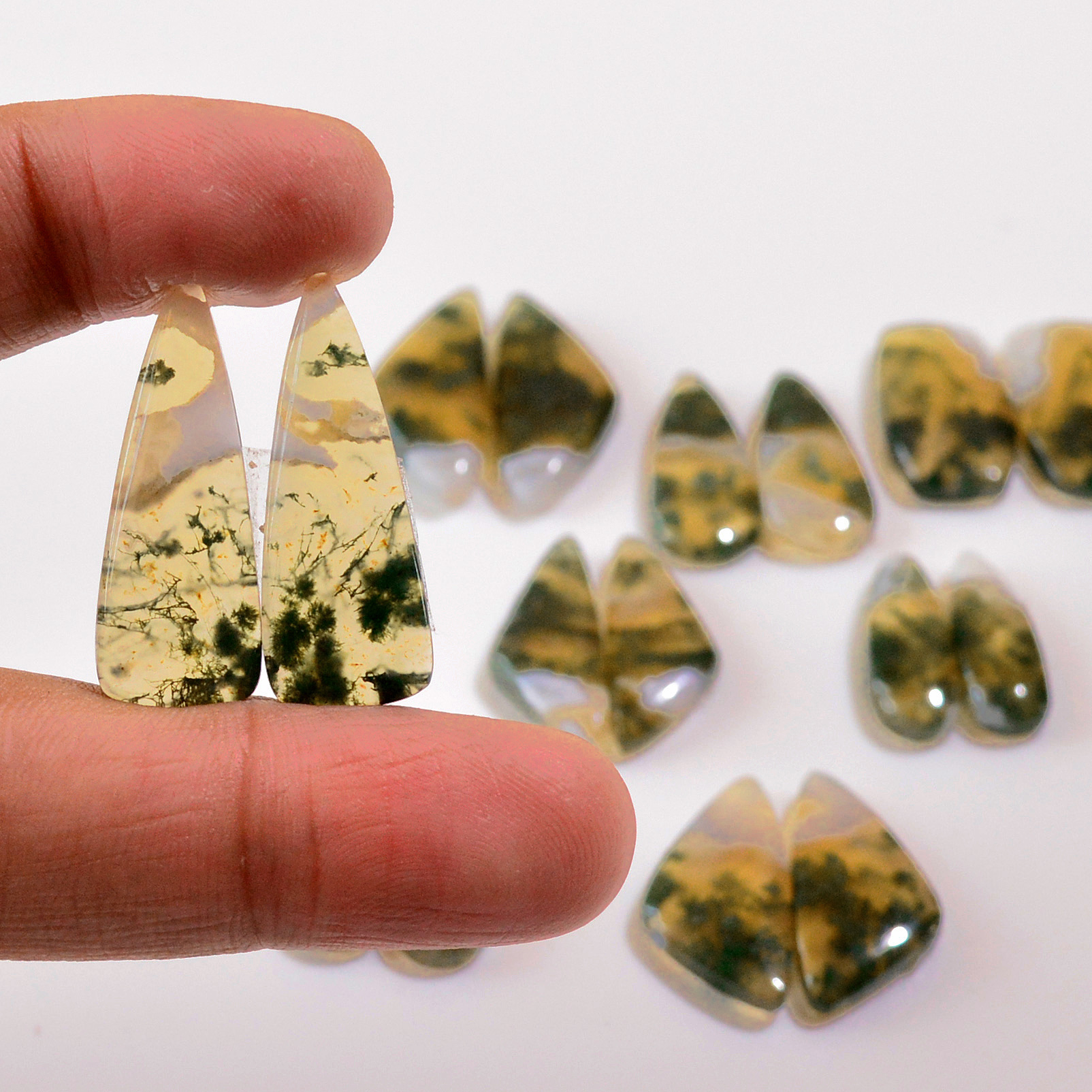 8 Pairs 150 Cts Natural Moss Agate Cabochon  Earrings Pairs 21x10 19x6mm 18711
