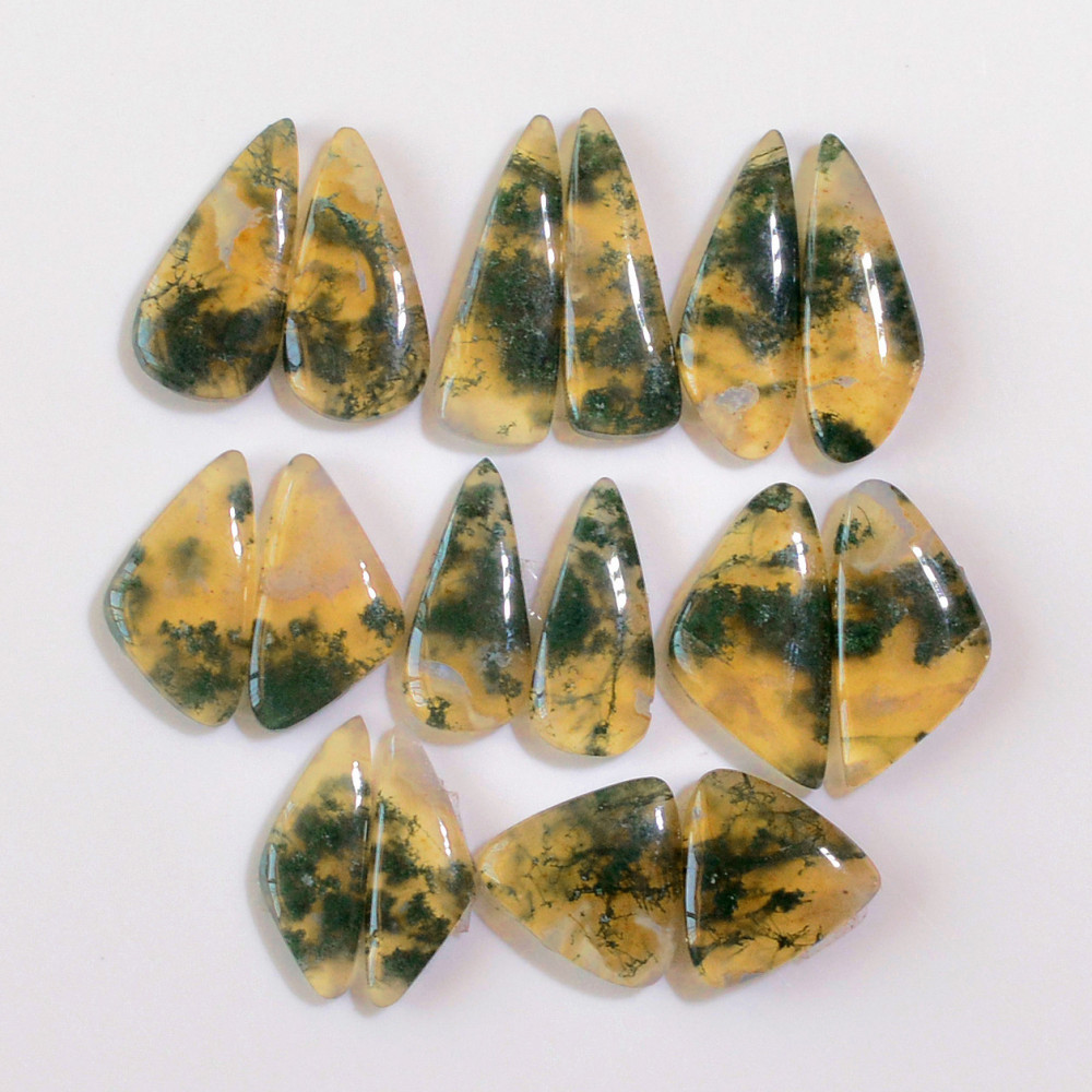 Image of 8 Pairs 132 Cts Natural Moss Agate Cabochon  Earrings Pairs 24x7 20x6mm #18713