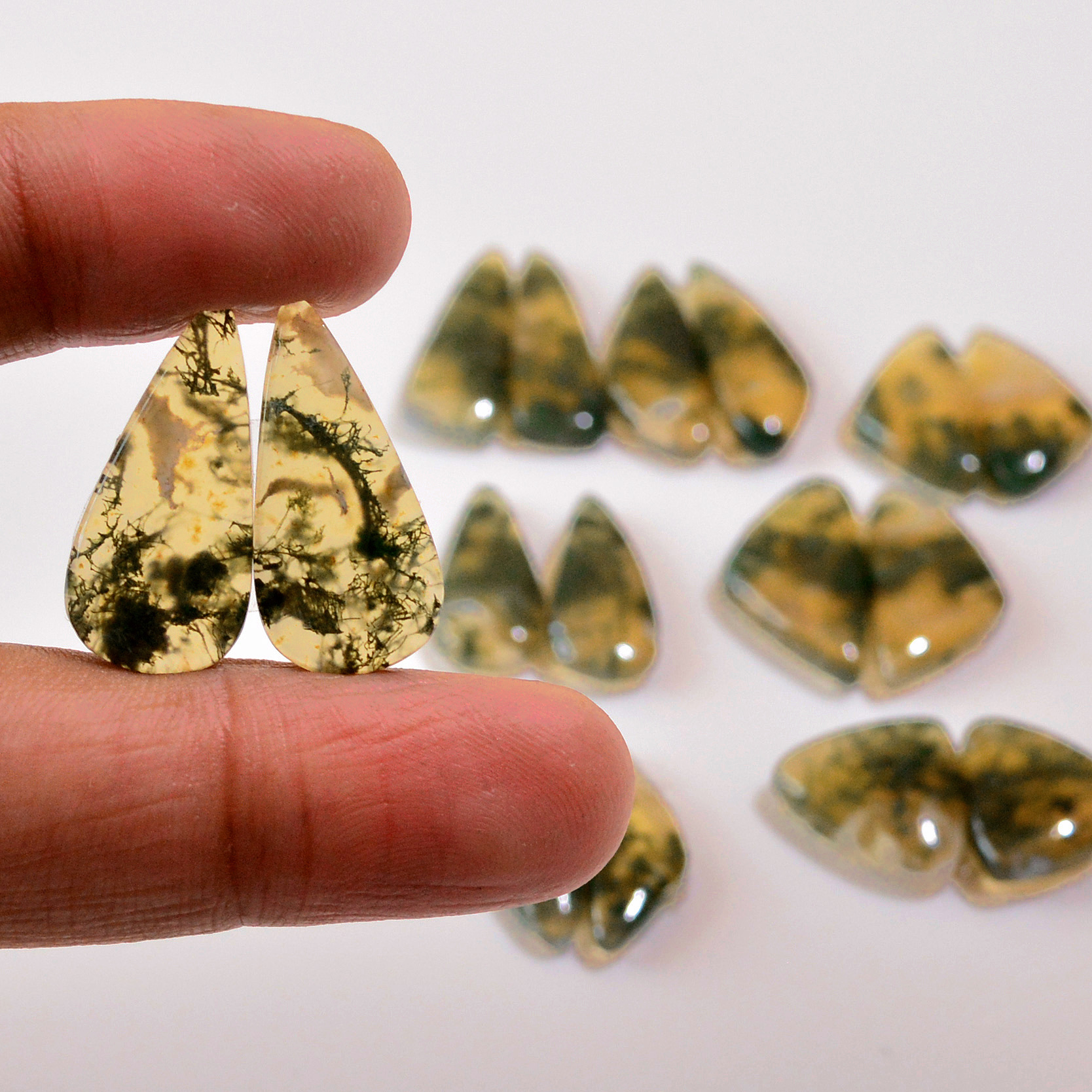 8 Pairs 132 Cts Natural Moss Agate Cabochon  Earrings Pairs 24x7 20x6mm 18713