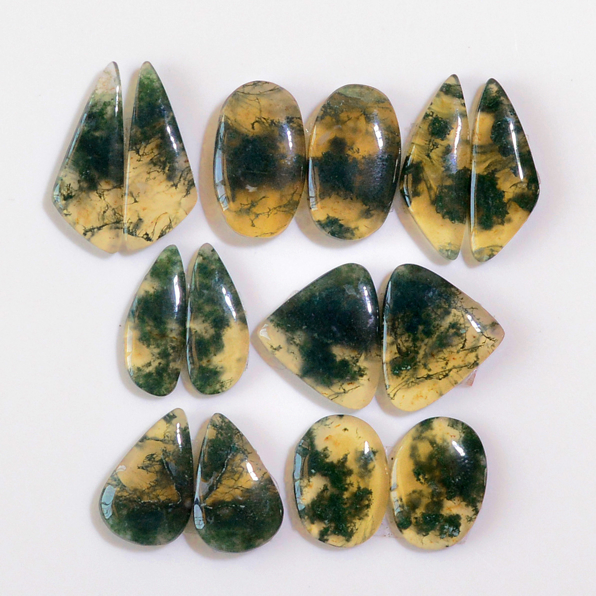 7 Pairs 102 Cts Natural Moss Agate Cabochon  Earrings Pairs 23x7 18x6mm 18714