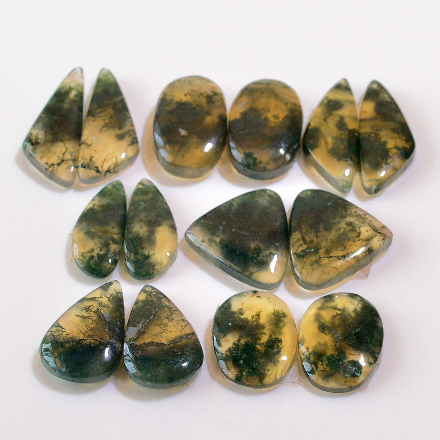 7 Pairs 102 Cts Natural Moss Agate Cabochon Earrings Pairs 23x7 18x6mm 18714
