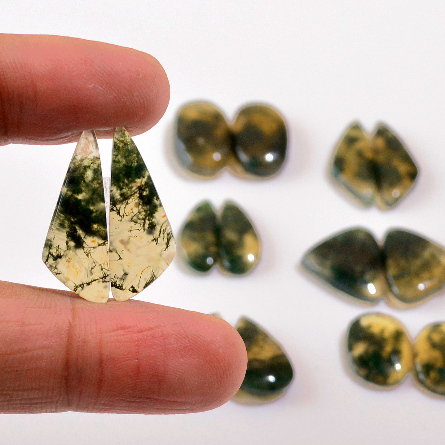 7 Pairs 102 Cts Natural Moss Agate Cabochon Earrings Pairs 23x7 18x6mm 18714