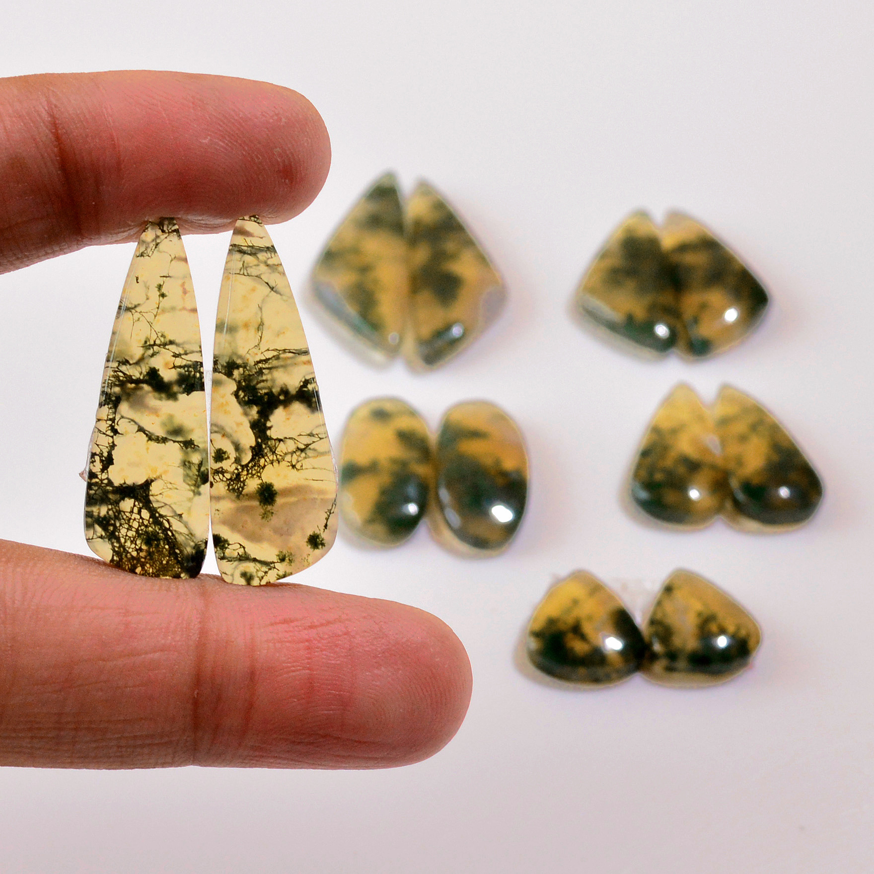 6 Pairs 122 Cts Natural Moss Agate Cabochon  Earrings Pairs 30x9 12x11mm 18715