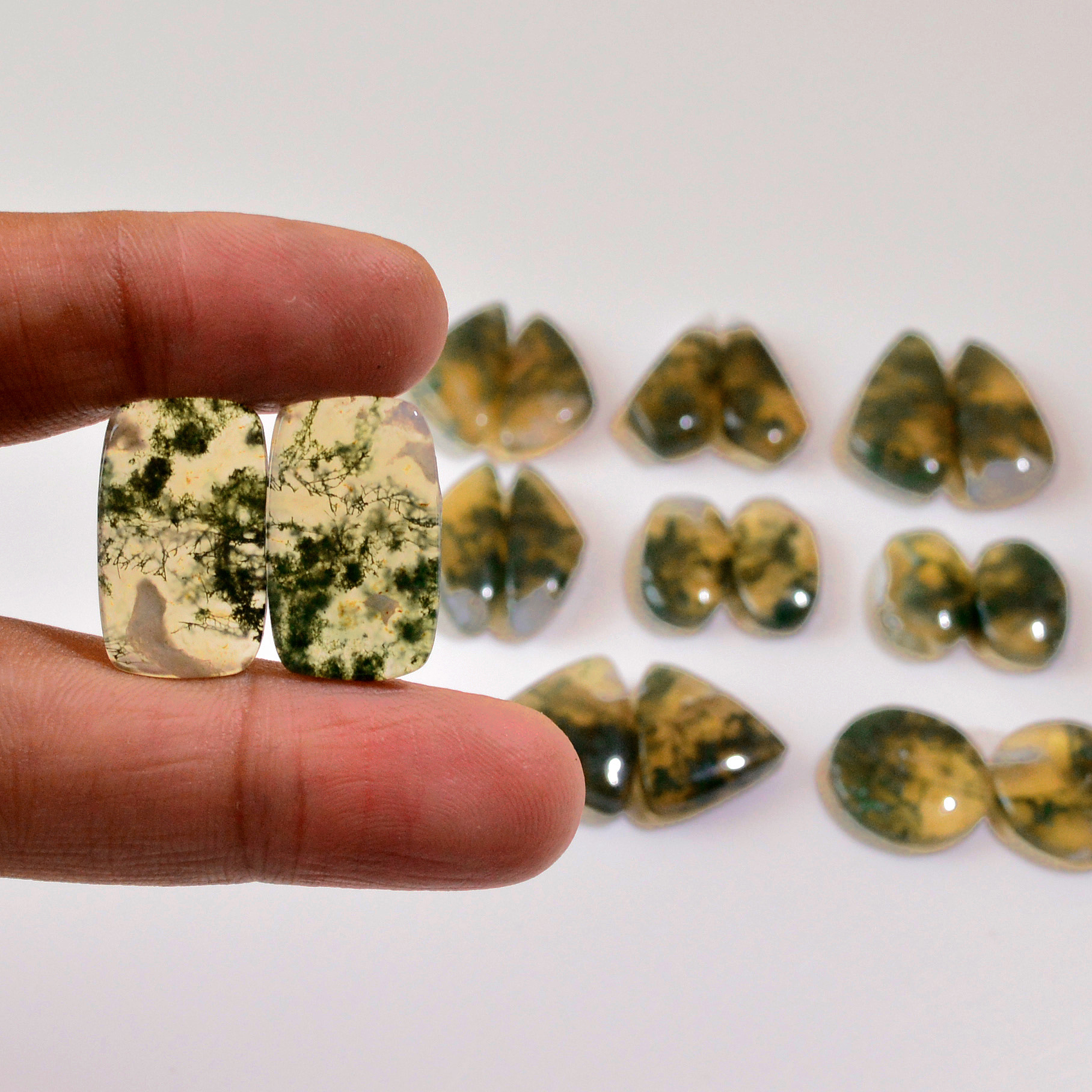 9 Pairs 163 Cts Natural Moss Agate Cabochon  Earrings Pairs 23x9 14x9mm 18716