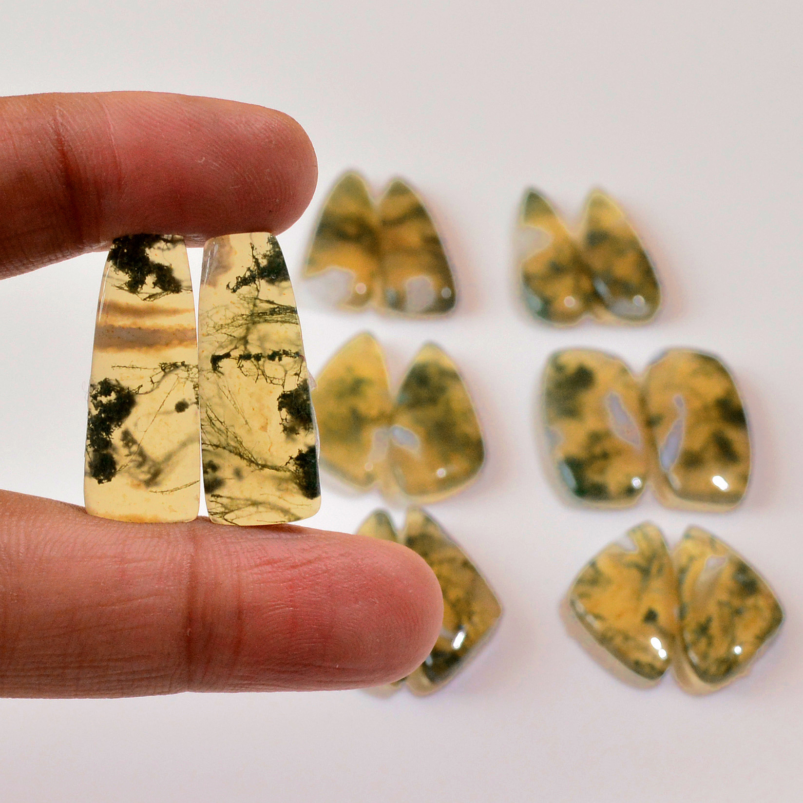 7 Pairs 148 Cts Natural Moss Agate Cabochon  Earrings Pairs 25x8 23x9mm 18717