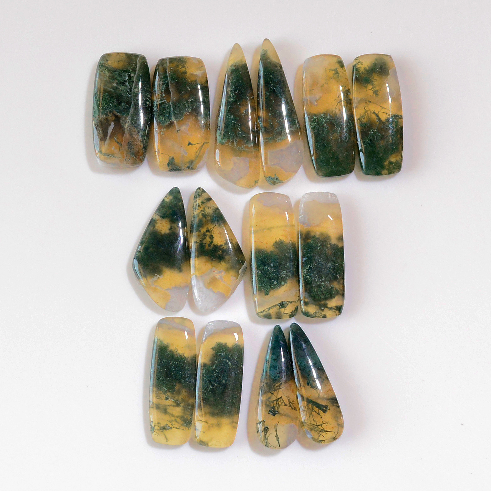 7 Pairs 163 Cts Natural Moss Agate Cabochon  Earrings Pairs 29x7 24x9mm 18718
