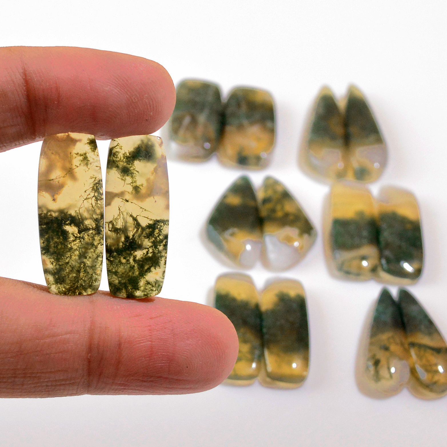 7 Pairs 163 Cts Natural Moss Agate Cabochon  Earrings Pairs 29x7 24x9mm 18718