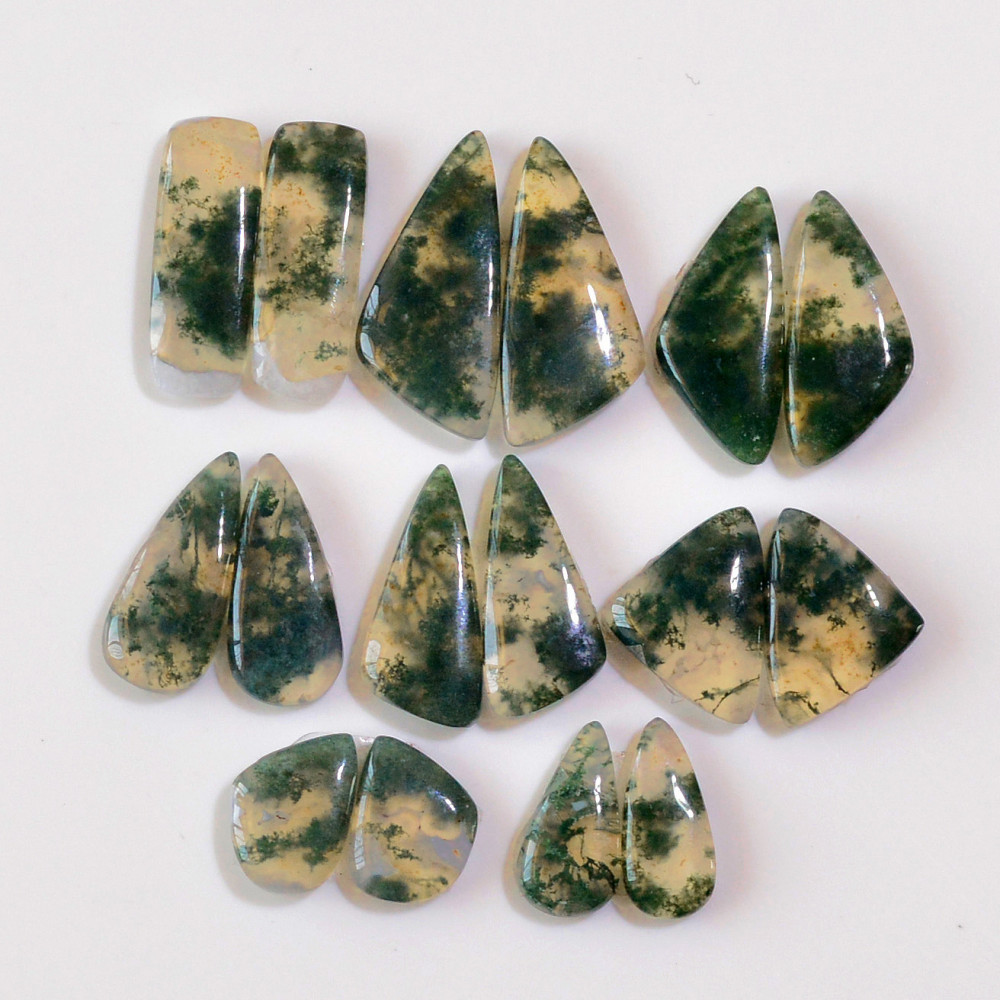 Image of 8 Pairs 113 Cts Natural Moss Agate Cabochon  Earrings Pairs 25x10 14x7mm #18720