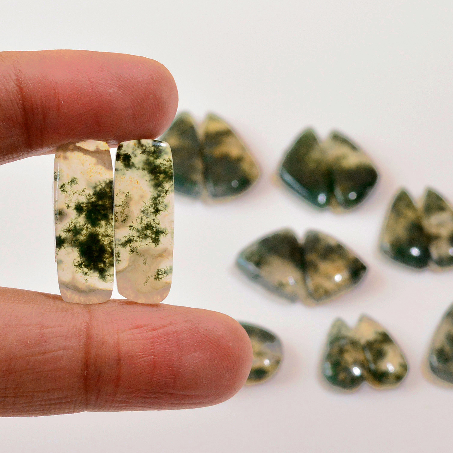 8 Pairs 113 Cts Natural Moss Agate Cabochon  Earrings Pairs 25x10 14x7mm 18720