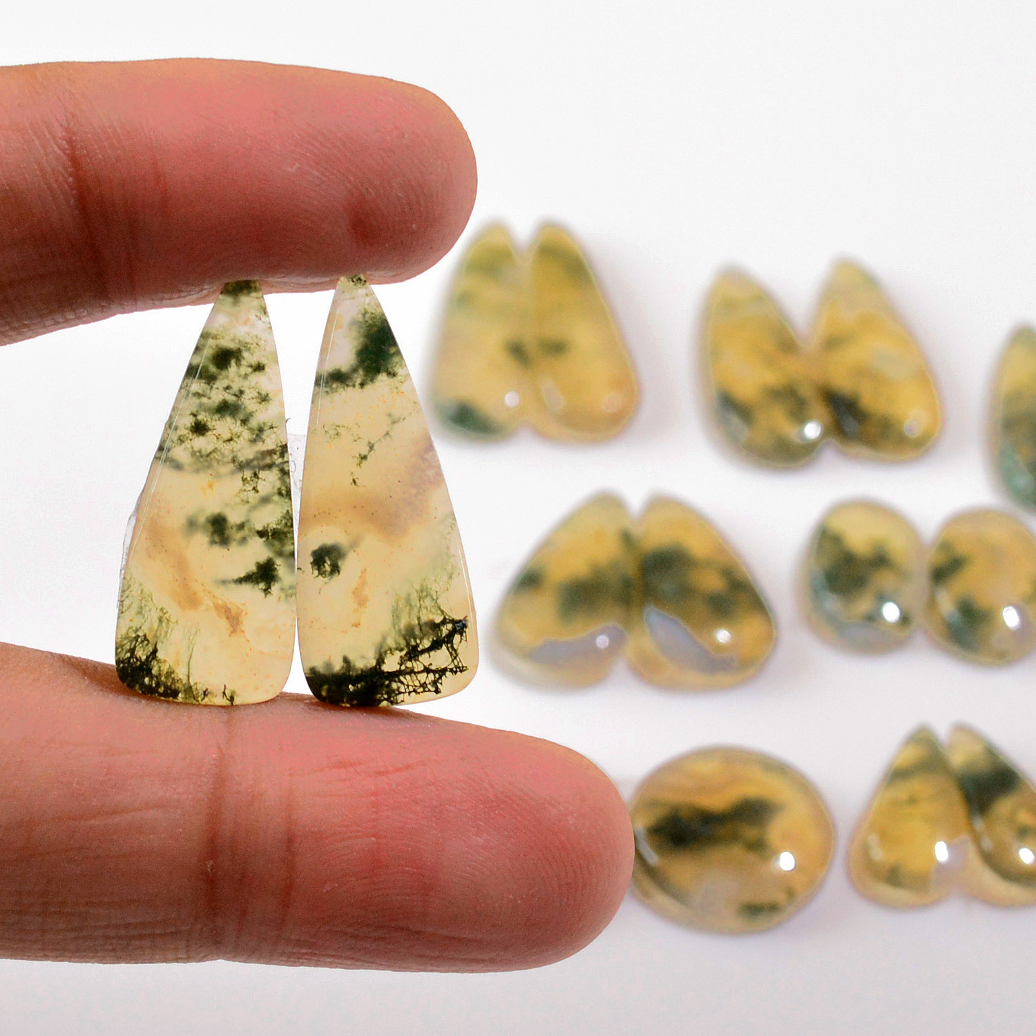8 Pairs 115 Cts Natural Moss Agate Cabochon Earrings Pairs 26x7 14x6mm 18723
