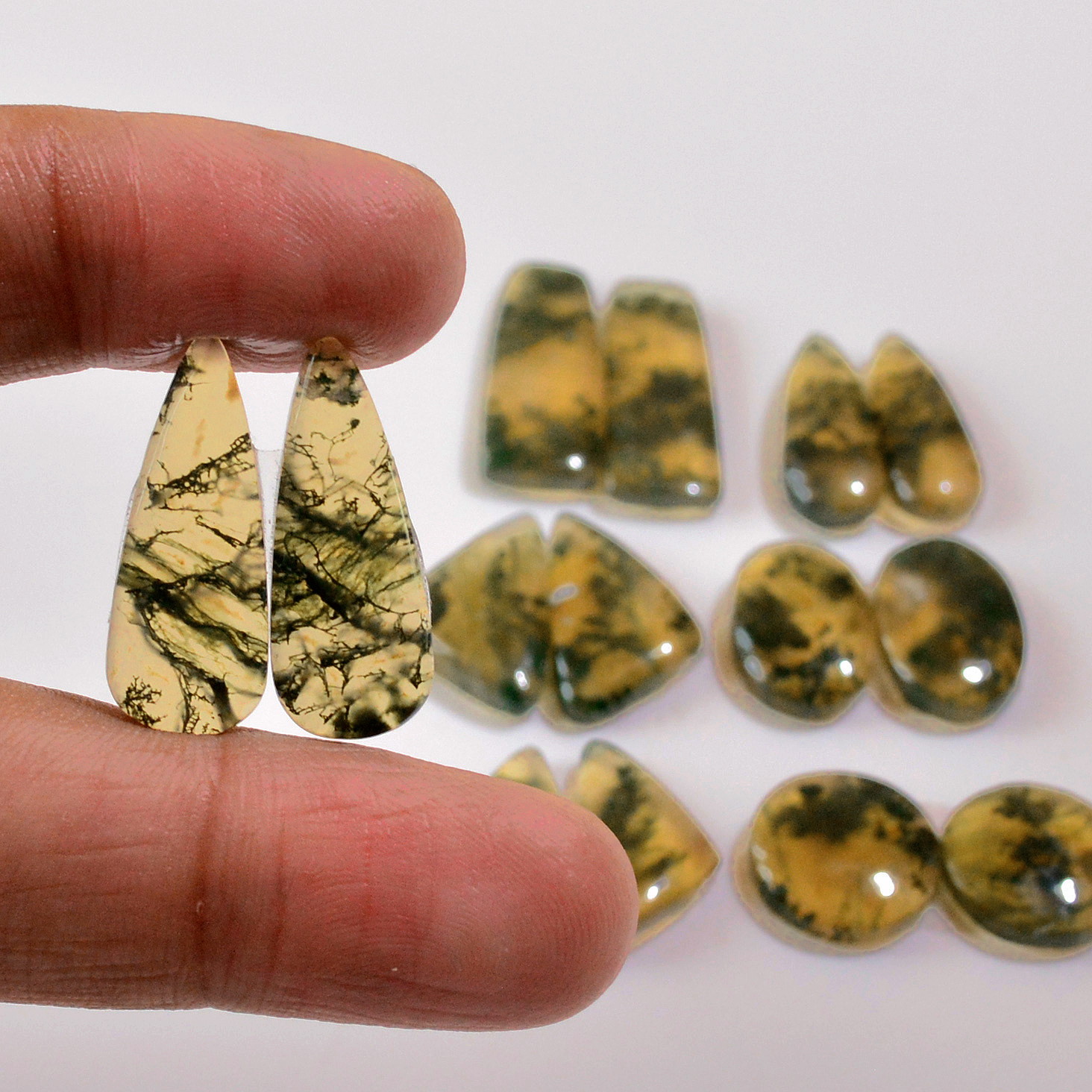 7 Pairs 115 Cts Natural Moss Agate Cabochon  Earrings Pairs 25x8 17x9mm 18725