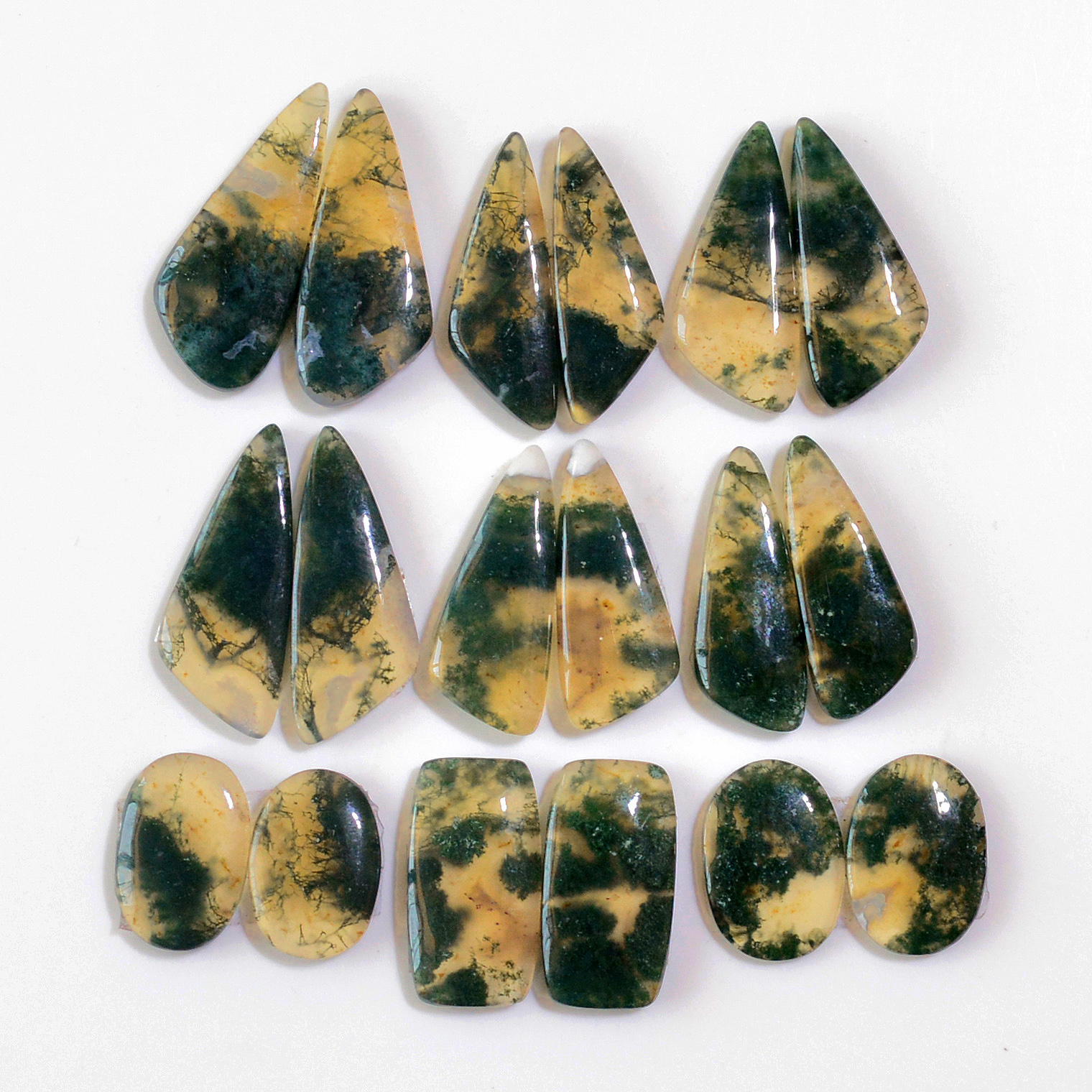 8 Pairs 134 Cts Natural Moss Agate Cabochon  Earrings Pairs 28x11 14x7mm 18719