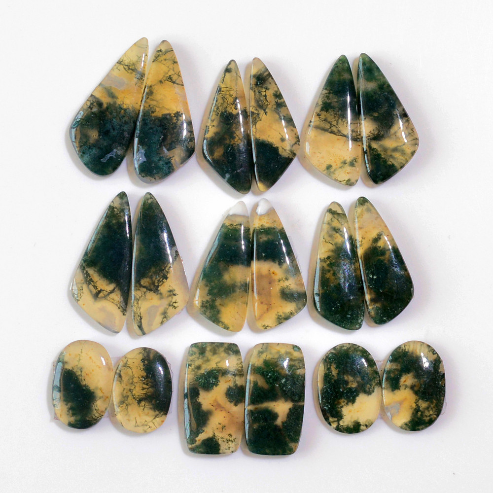Image of 8 Pairs 134 Cts Natural Moss Agate Cabochon  Earrings Pairs 28x11 14x7mm #18719