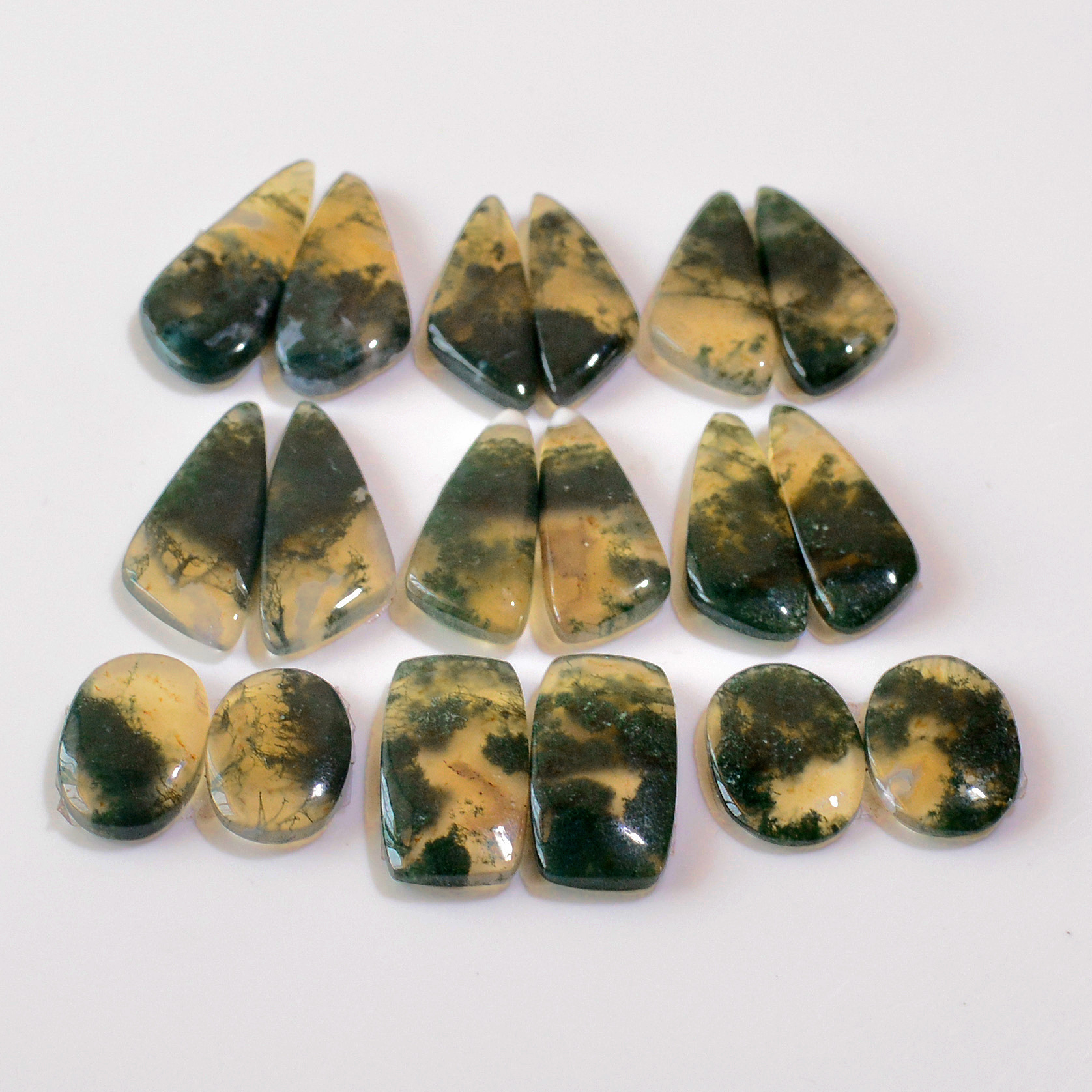 9 Pairs 167 Cts Natural Moss Agate Cabochon  Earrings Pairs 28x10 15x10mm 18726