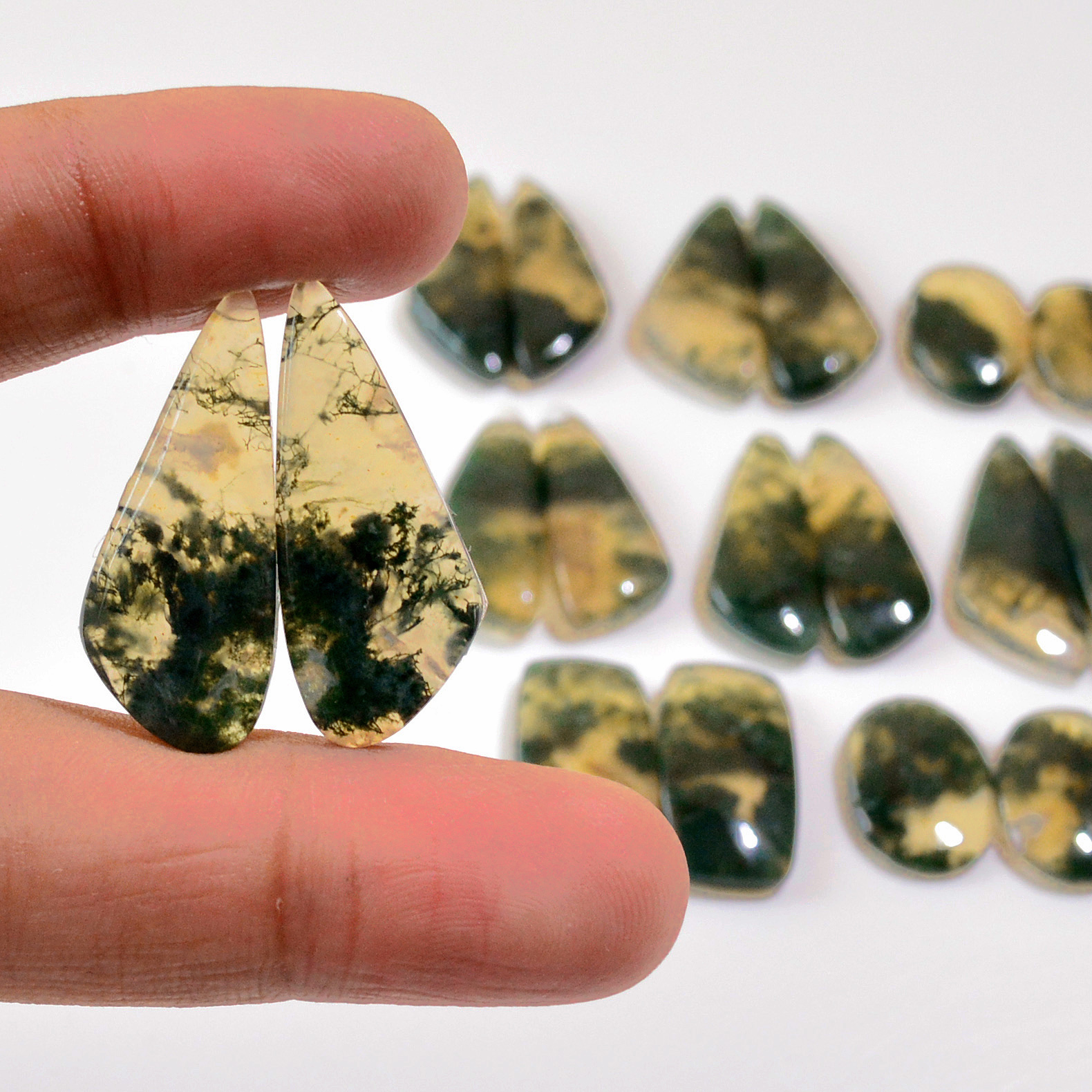 8 Pairs 134 Cts Natural Moss Agate Cabochon  Earrings Pairs 28x11 14x7mm 18719
