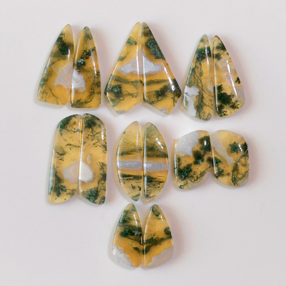 Image of 7 Pairs 146 Cts Natural Green Moss Agate Cabochon Gemstone Earrings Pairs Lot 32x11 20x9mm #18727