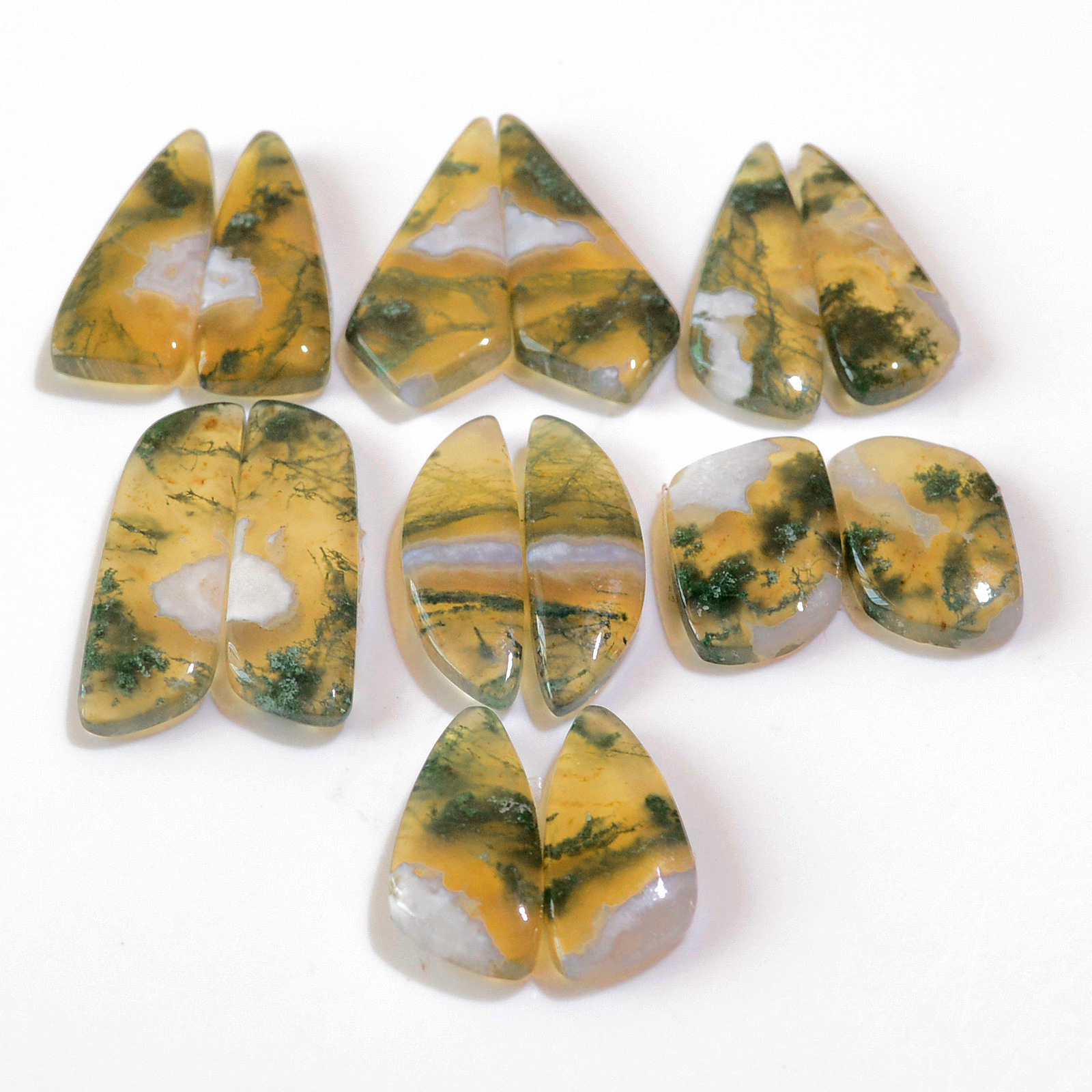 7 Pairs 112 Cts Natural Moss Agate Cabochon  Earrings Pairs 29x8 21x17mm 18721