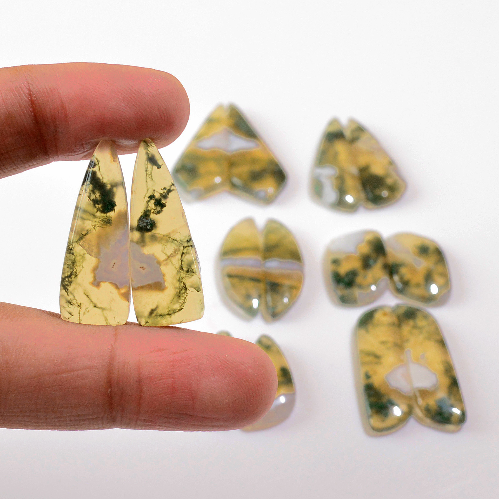 7 Pairs 146 Cts Natural Green Moss Agate Cabochon Gemstone Earrings Pairs Lot 32x11 20x9mm 18727
