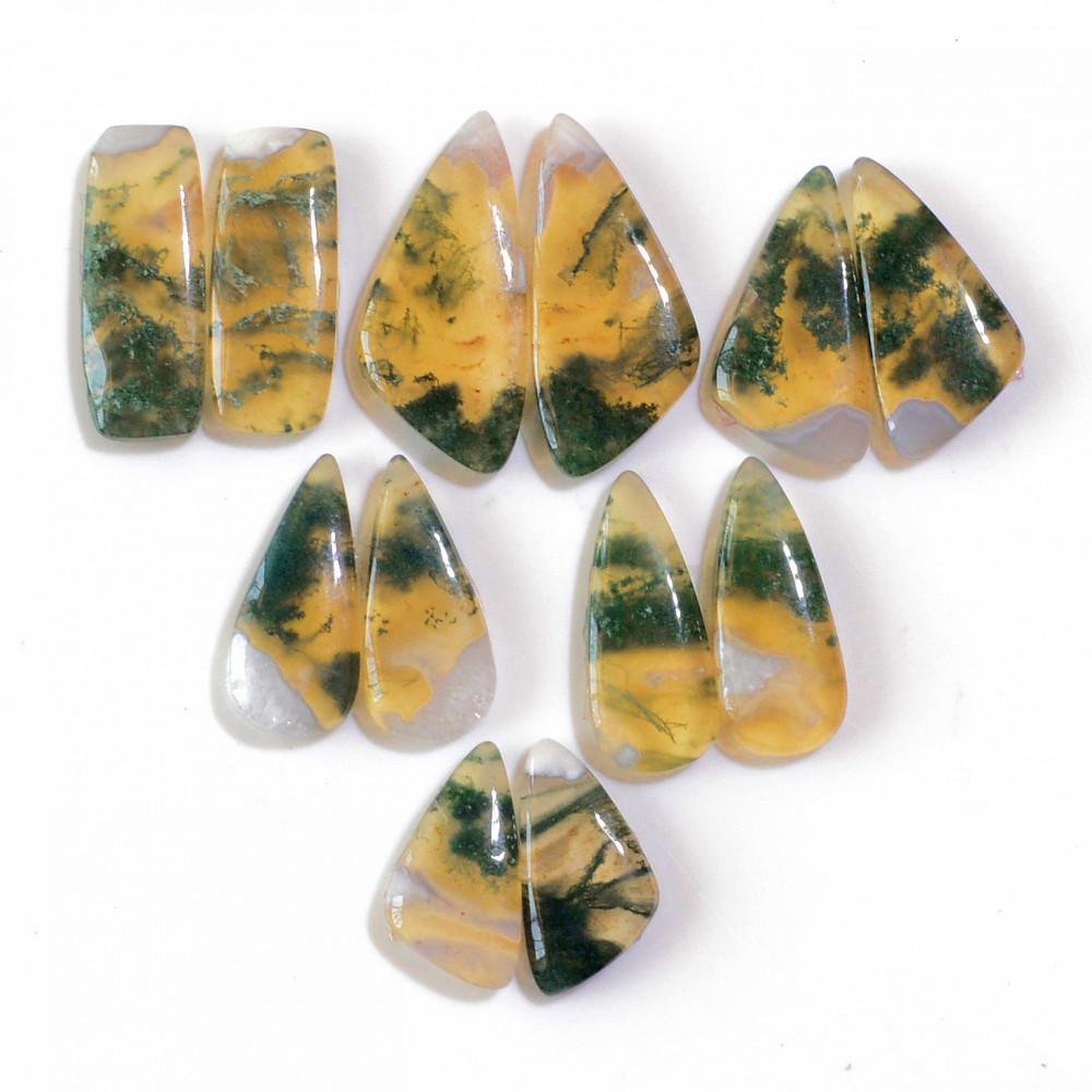 Image of 6 Pairs 110 Cts Natural Green Moss Agate Cabochon Gemstone Earrings Pairs Lot 26x11 17x9mm #18728