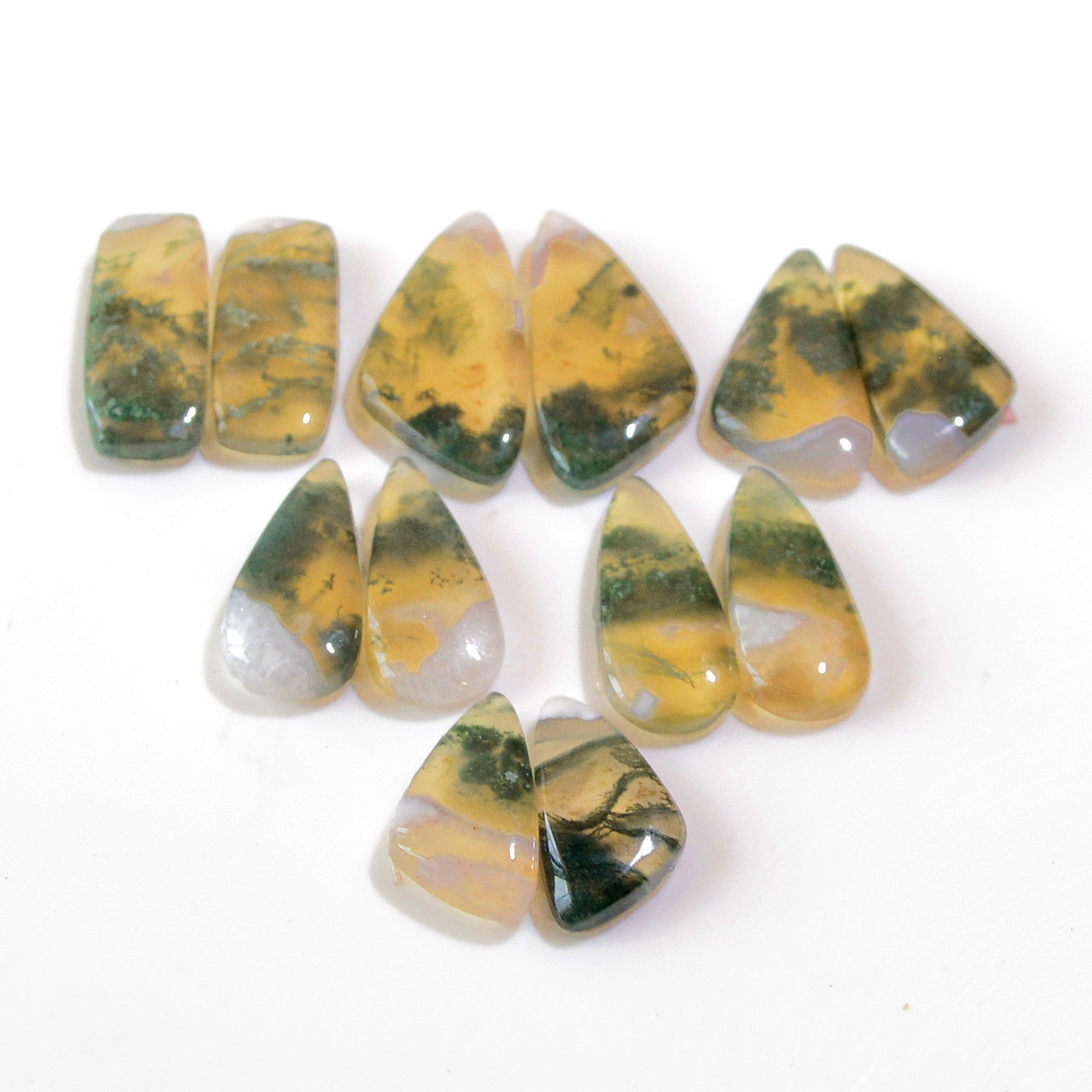 6 Pairs 110 Cts Natural Green Moss Agate Cabochon Gemstone Earrings Pairs Lot 26x11 17x9mm 18728