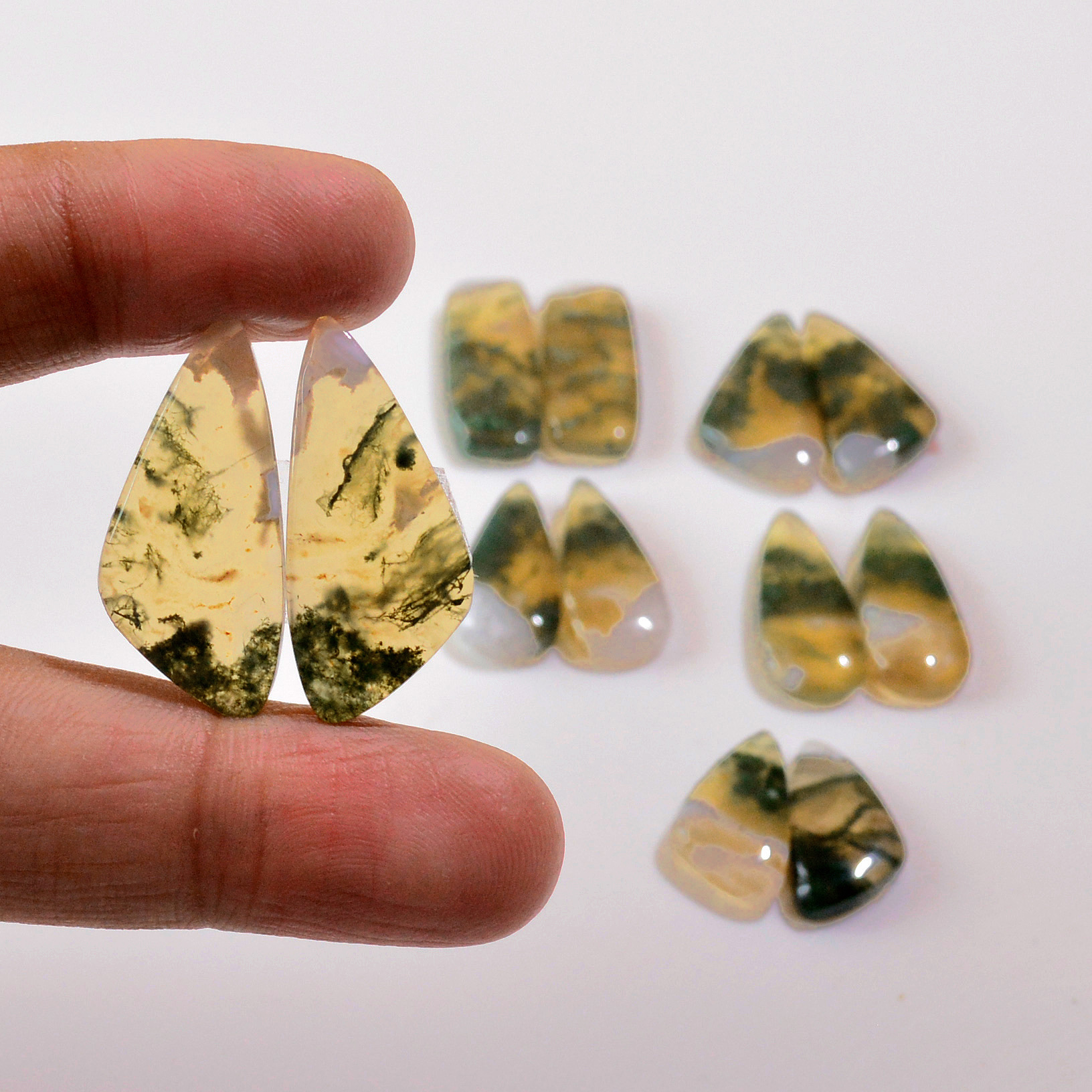 6 Pairs 110 Cts Natural Green Moss Agate Cabochon Gemstone Earrings Pairs Lot 26x11 17x9mm 18728